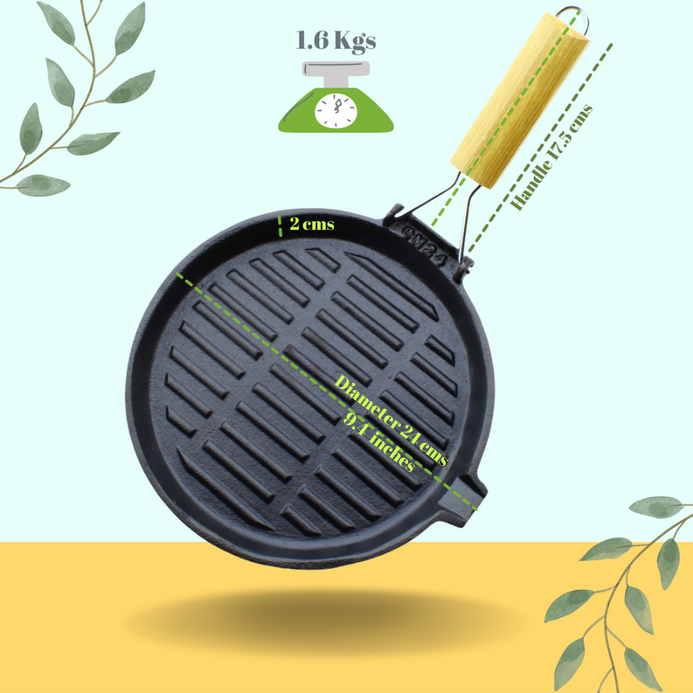 Trilonium Cast Iron round 24 cm Grill Pan with Foldable Handle | Pre-Seasoned | Black - view 2