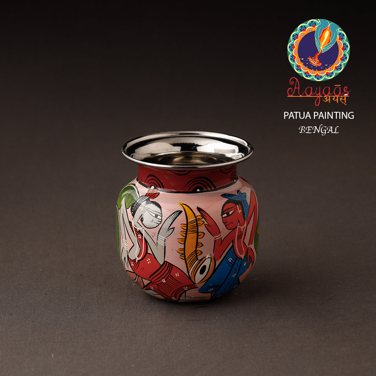 AAYAAS Bengal Patua Handpainted Stainless Steel Lota / Kalash / Container