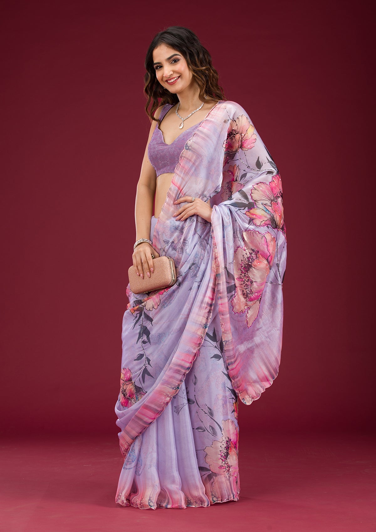 Koskii Lavender Printed Tissue Saree – Women's