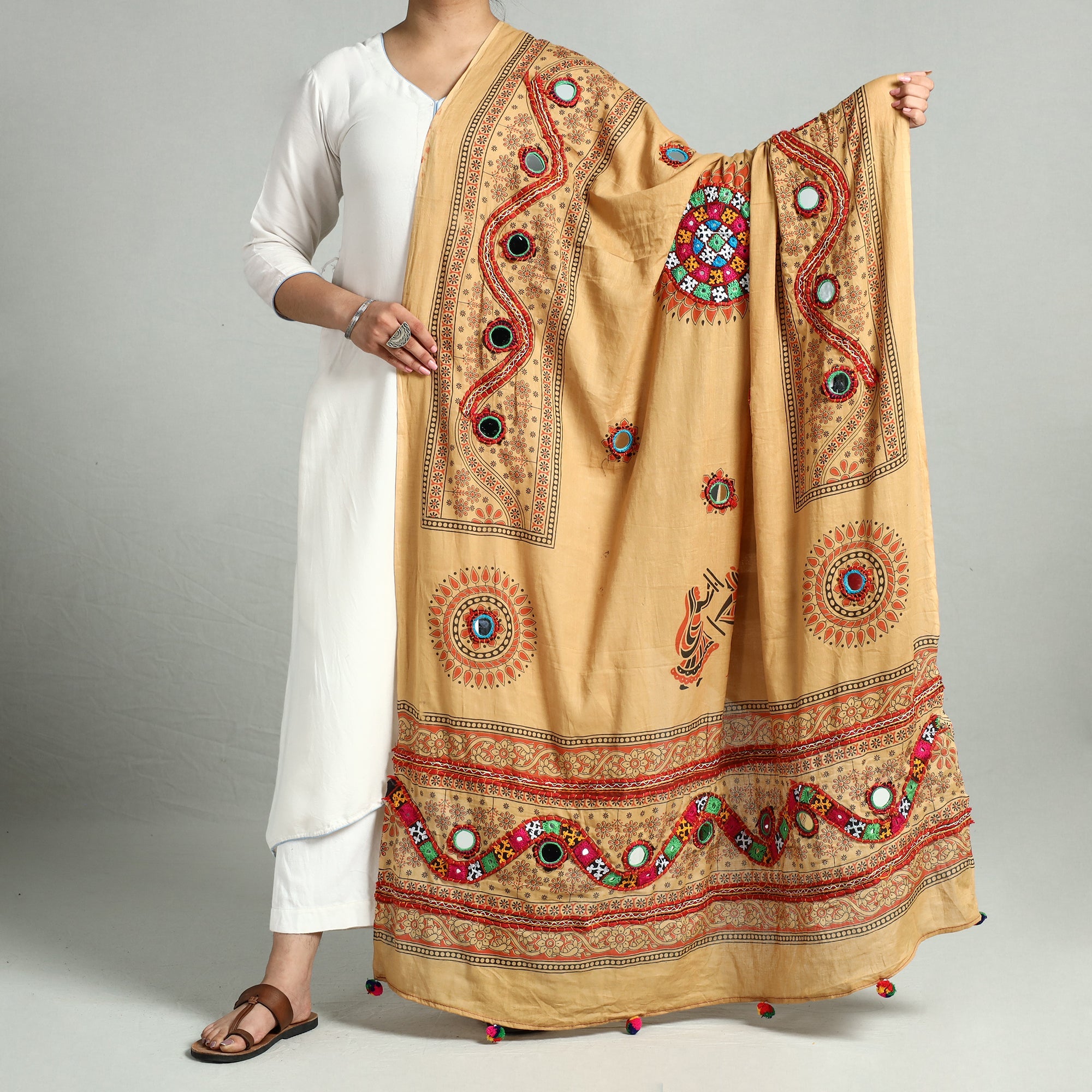 KACHCHH JI CHHAAP Brown - Kutch Hand Embroidery Mirror Work Printed Cotton Dupatta 03