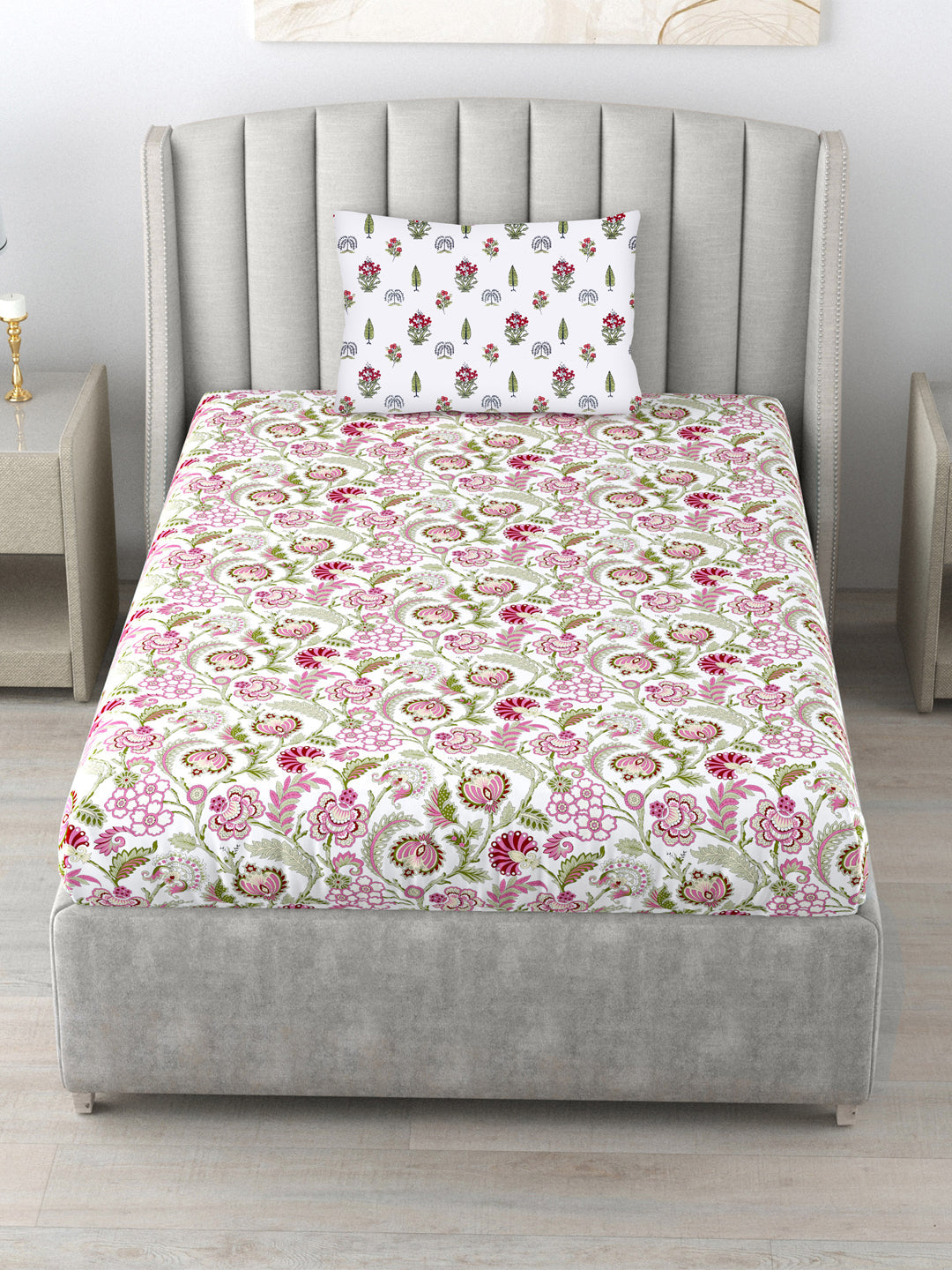 Urban Space -Home Furnishing Store 220 TC 100% Cotton Single Printed Bedsheet with Pillow Covers - Creeper Pink - view 3