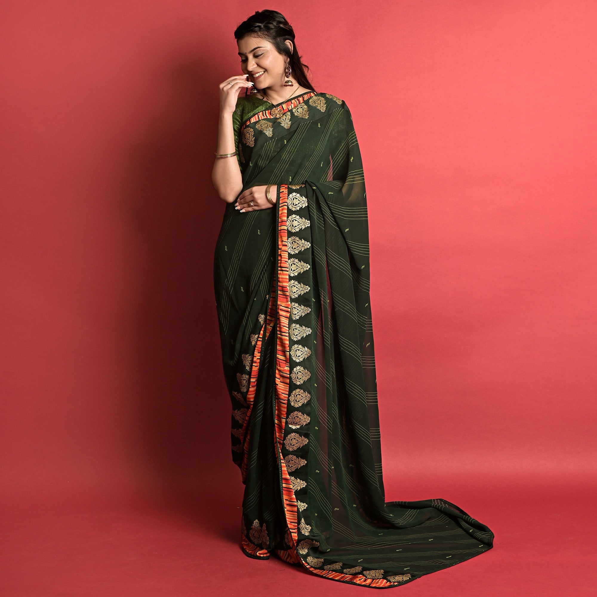 Peachmode Bottle Green Printed Georgette Saree