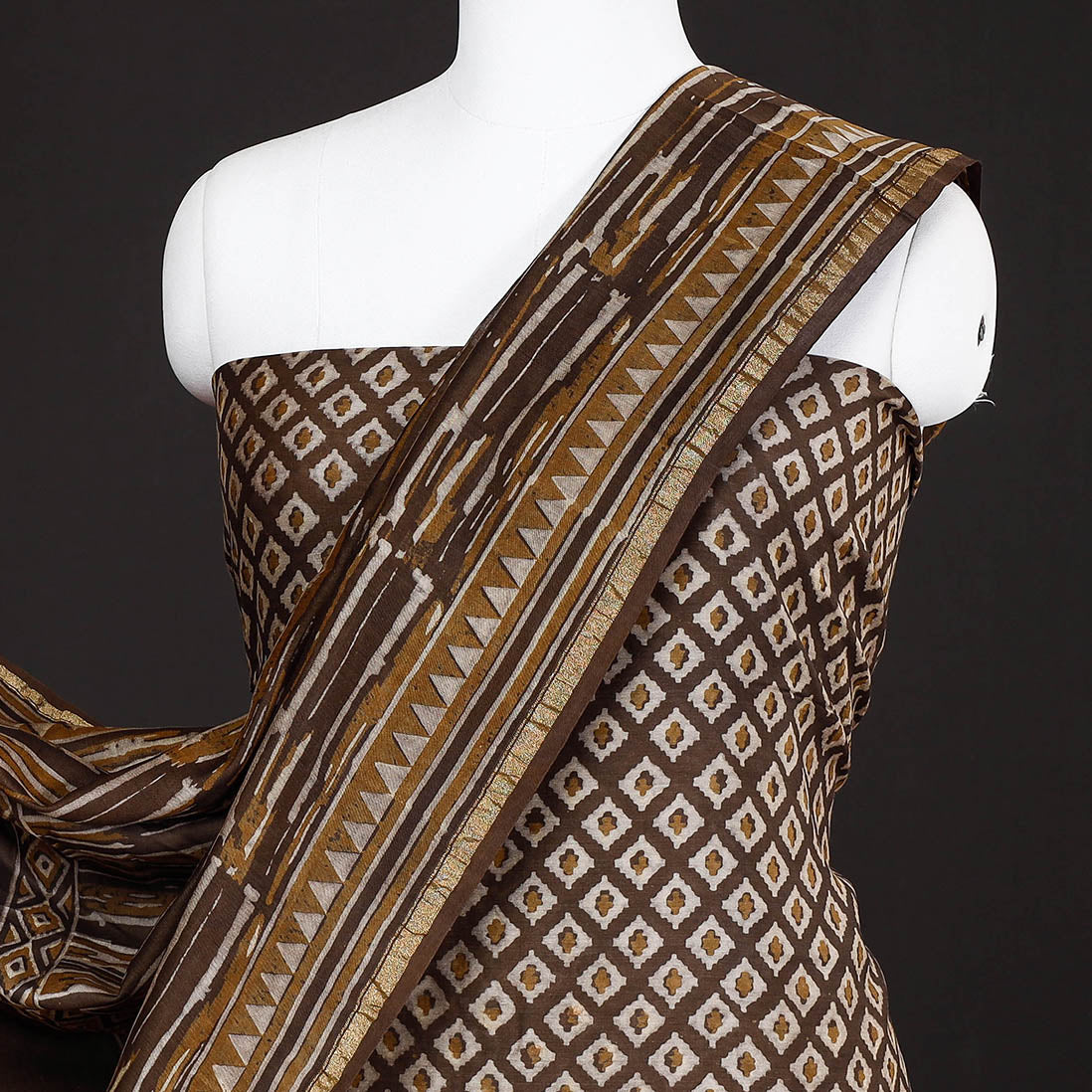 HAVELI CHRONICLES Brown - 3pc Akola Block Printed Chanderi Silk Suit Material Set - view 2