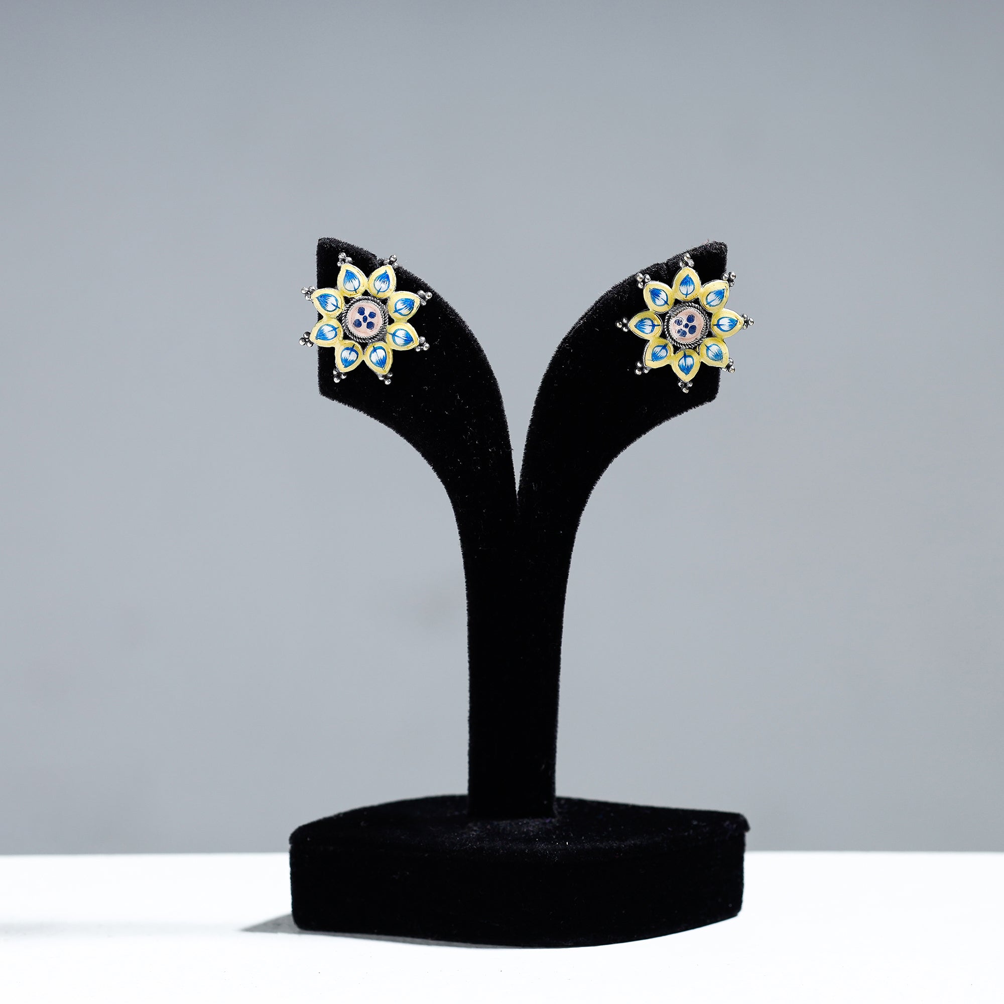 WHITE RIVER STORIES Antique Silver Finish Oxidised Brass Base Enamel Work Stud Earrings