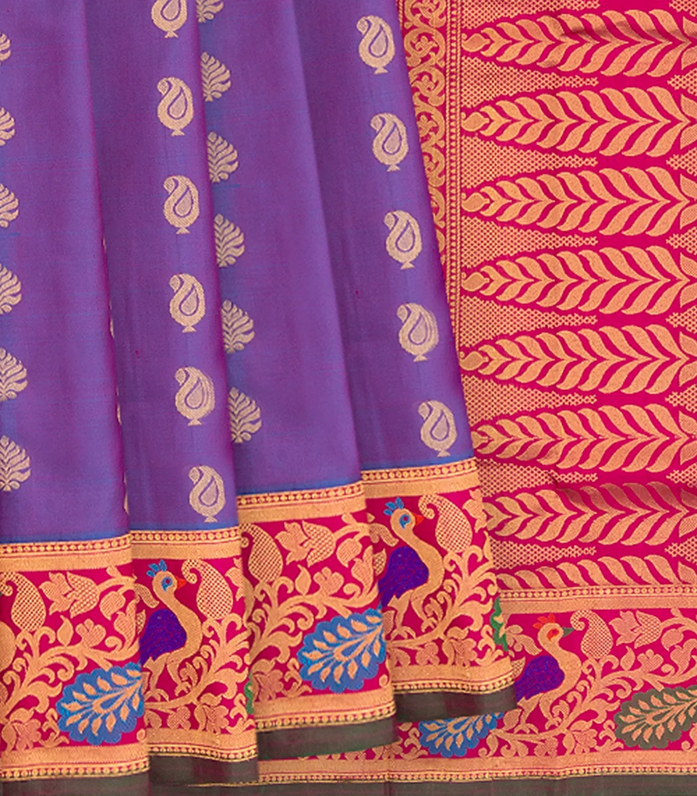 RmKV Purple Handwoven Gadwal Silk Saree With Mango Butta & Paithani Border-Purple