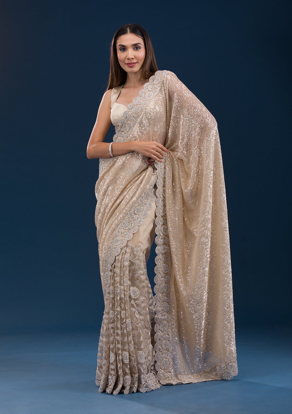 Koskii Beige Sequins Net Saree – Women's