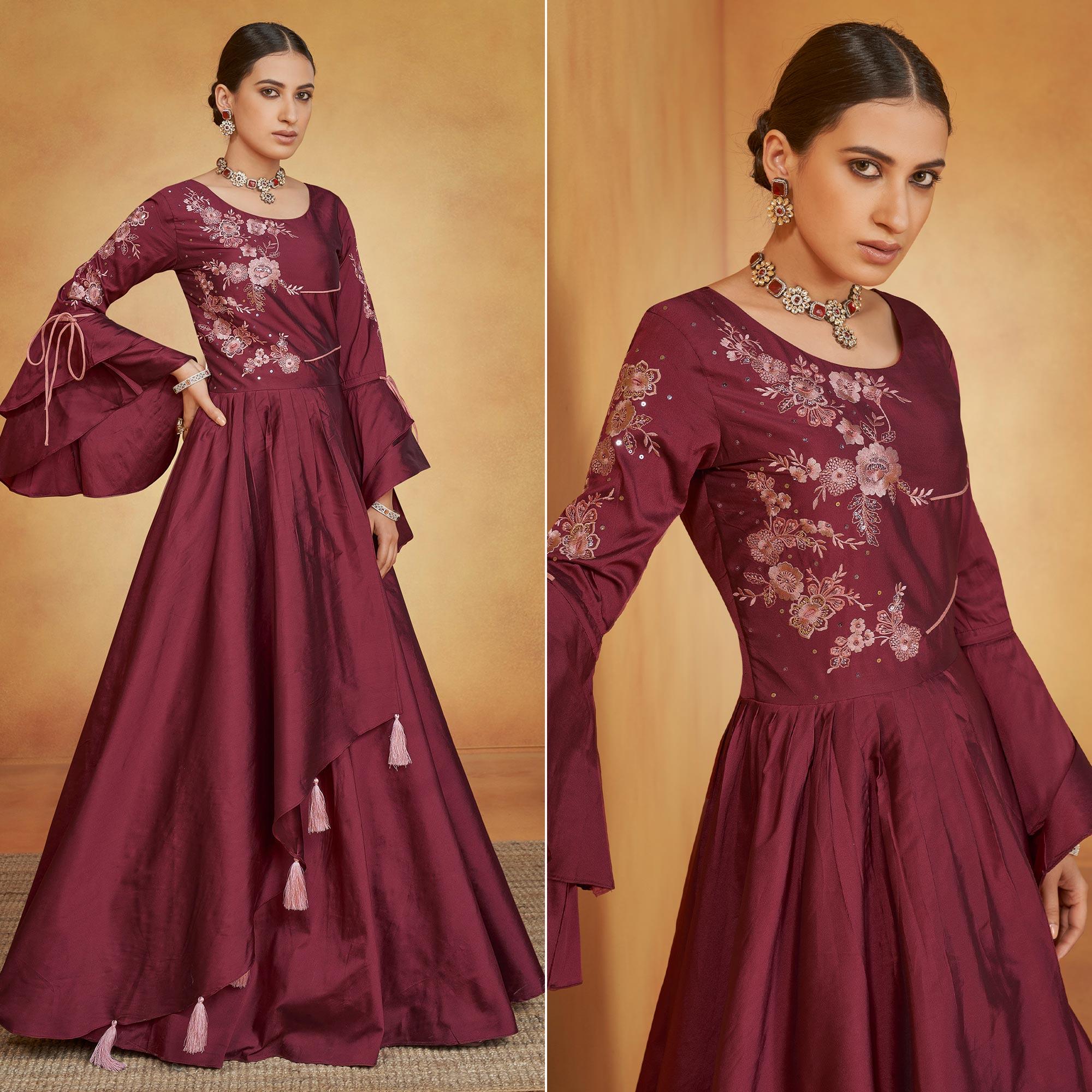 Peachmode Seller Maroon Party Wear Embroidered Tapetta Gown