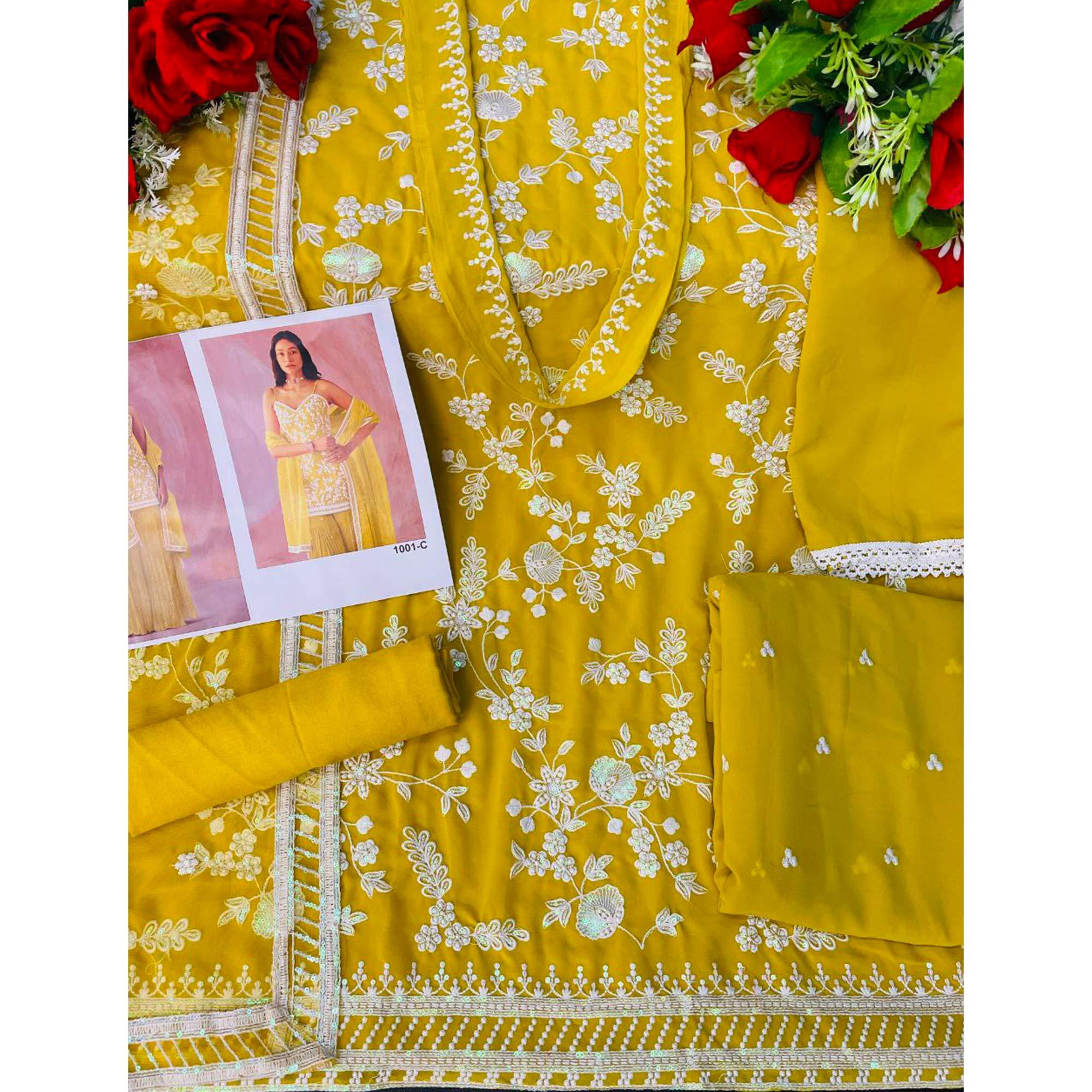 Peachmode Lemon Yellow Floral Sequins Embroidered Georgette Sharara Suit - view 5