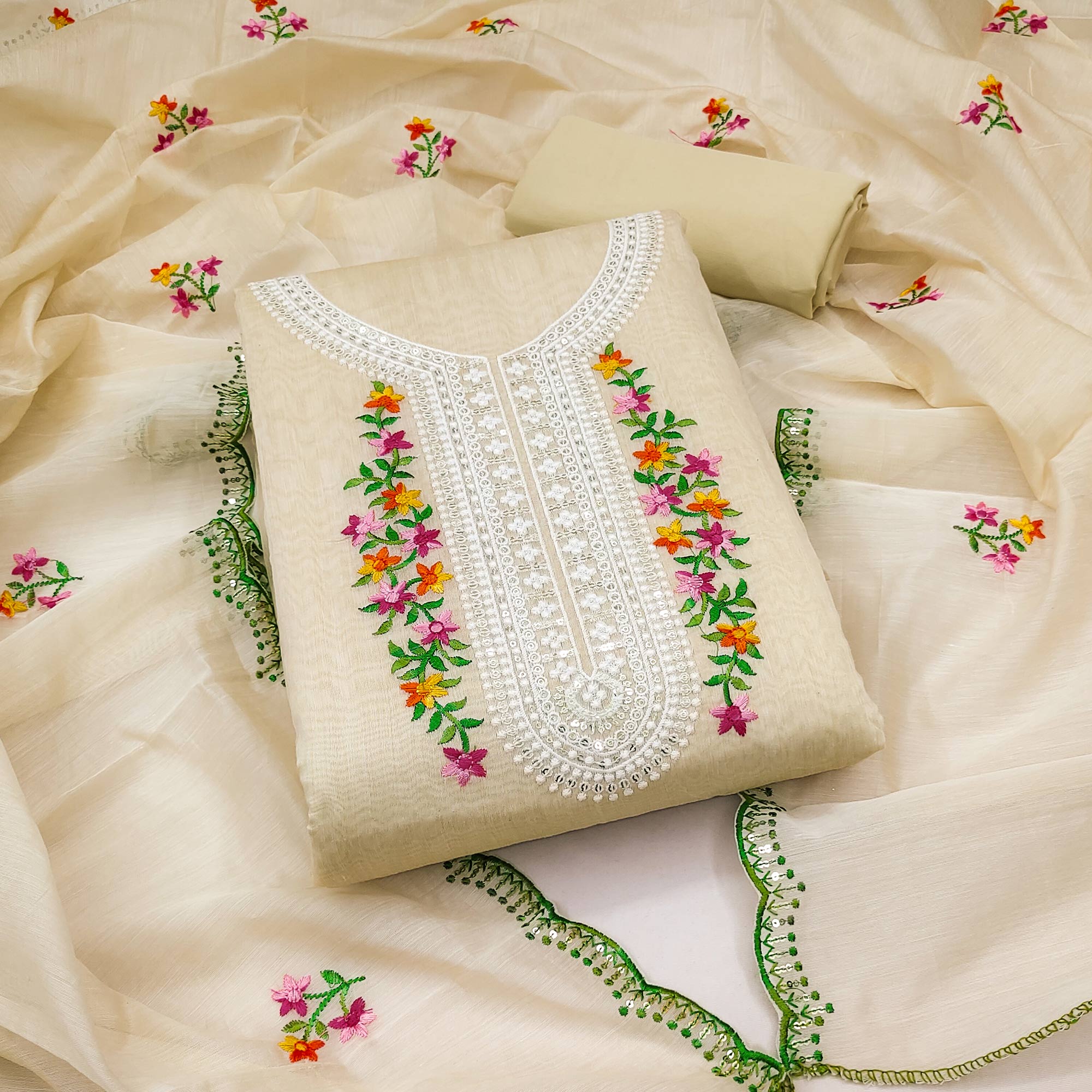 Peachmode Cream Floral Embroidered Chanderi Dress Material