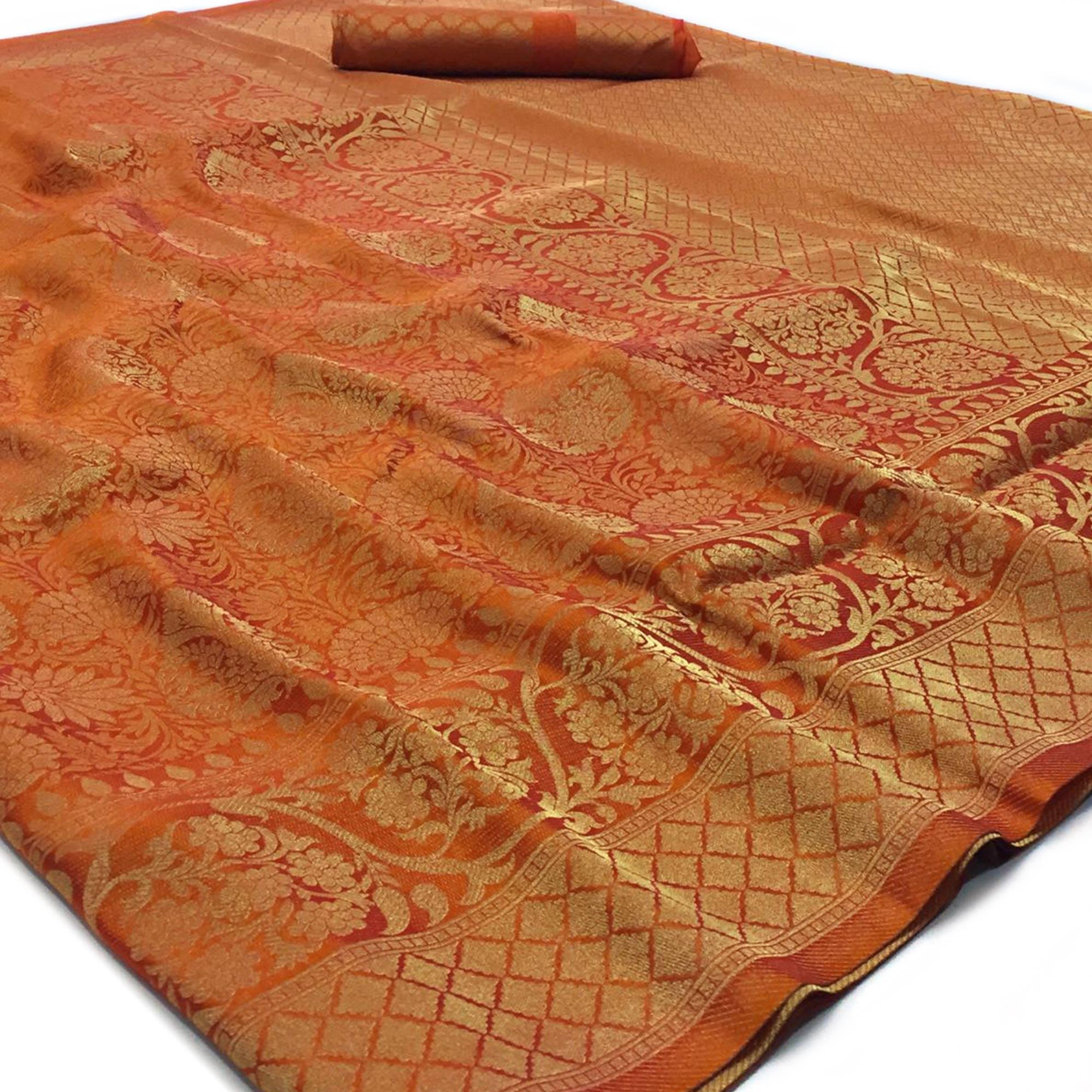 Peachmode Energetic Orange Colored Festive Wear Woven Art Silk Saree