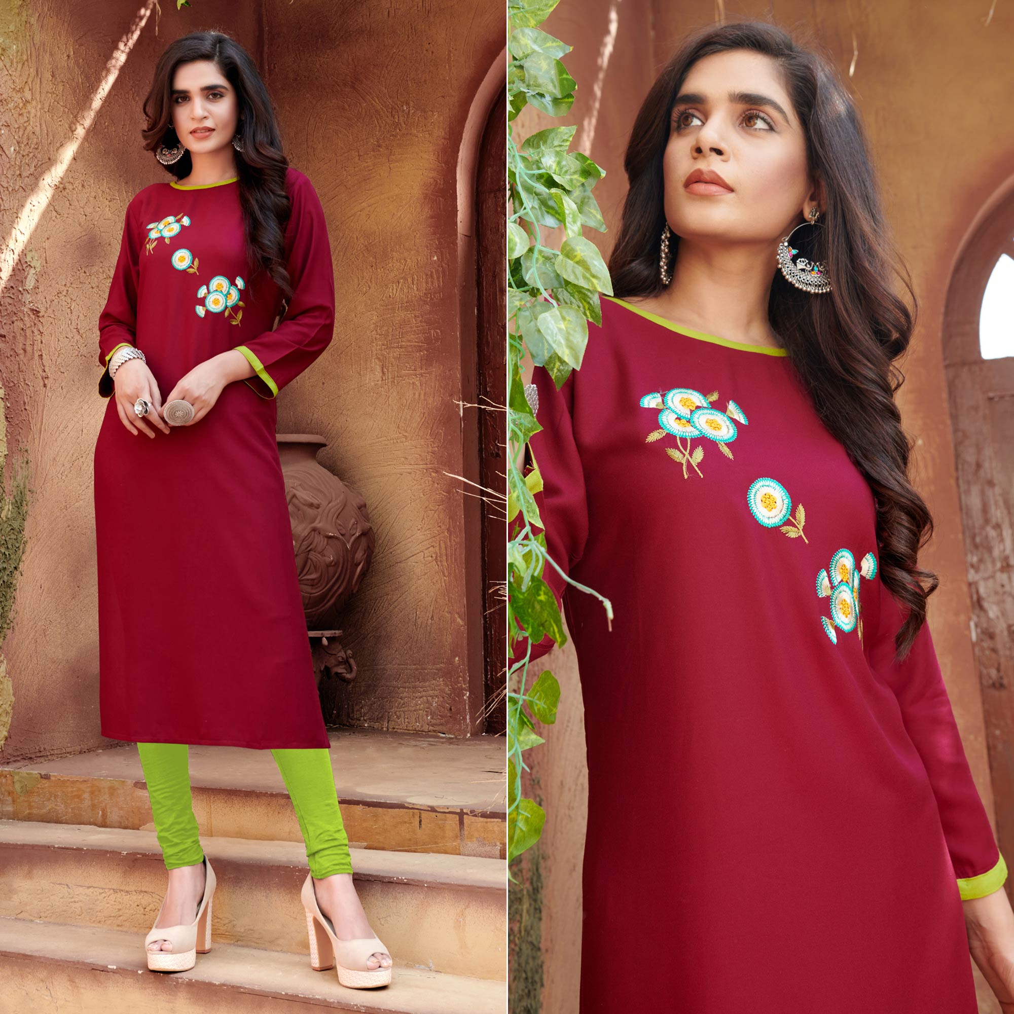 Peachmode Maroon Floral Embroidered Rayon Kurti