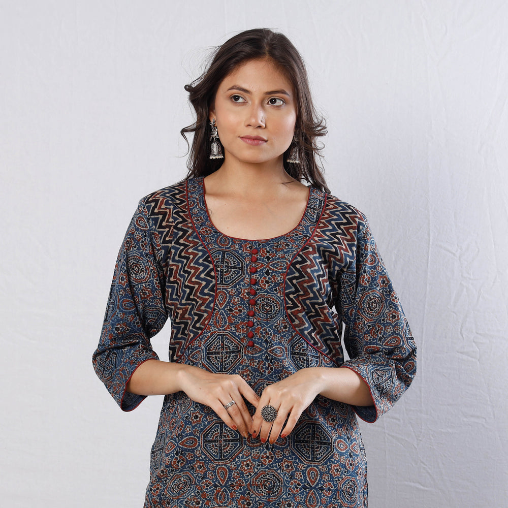 ITOKRI CASUALS Blue - Geometric Buta Ajrakh Block Printing Cotton Long Straight Kurta