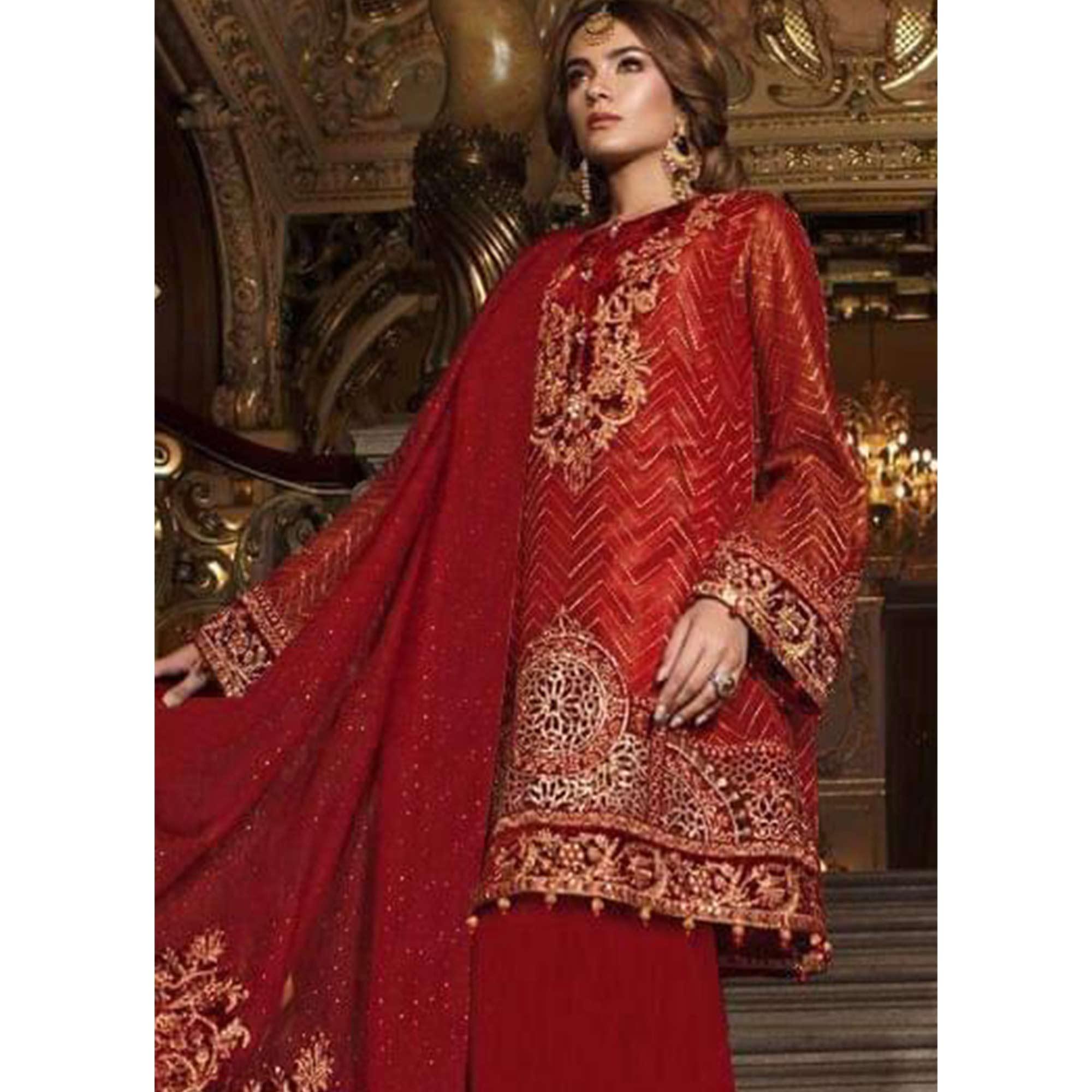 Peachmode Entrancing Red Colored Partywear Embroidered Organza Palazzo Suit - view 2
