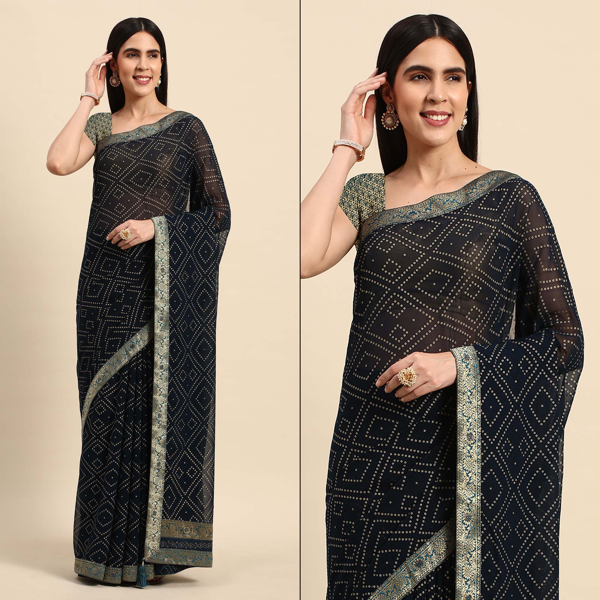 Peachmode Dark Blue Foil Printed With Swarovski Georgette Saree
