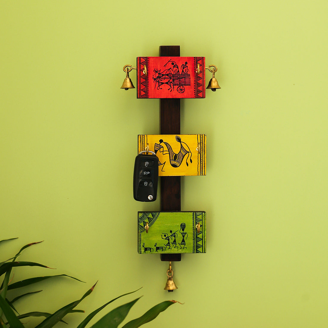 EXCLUSIVELANE 'Panels Of Paintings' Warli Handpainted Key Holder In Pine & Teak Wood (6 Hooks)