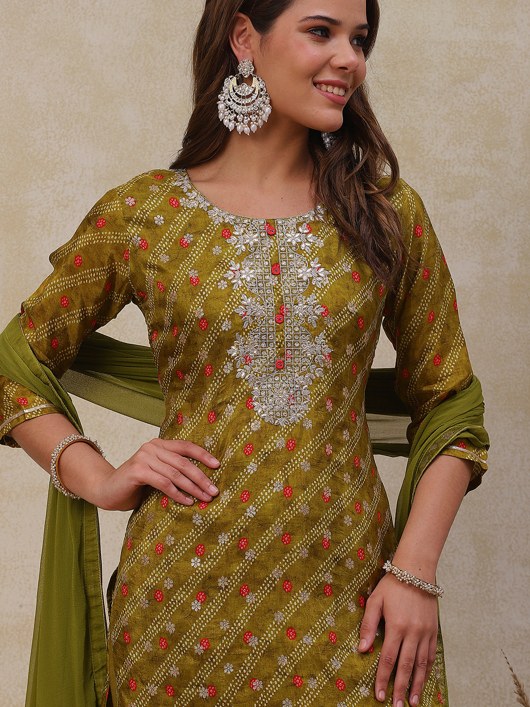 Fashor Bandhani Printed Gotapatti Embroidered Jacquard Kurta with Pants & Dupatta - Olive Green - view 2
