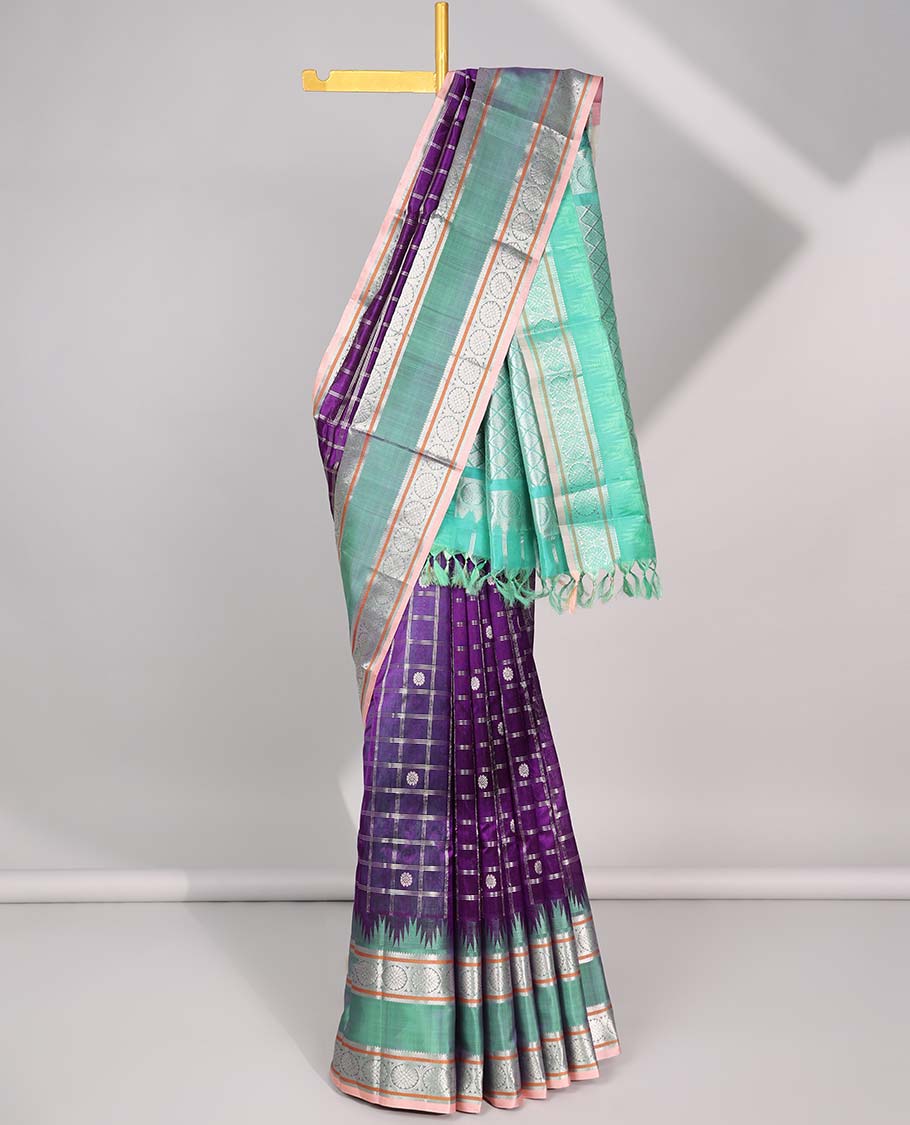 Pothys Purple floral motifs enclosed with checked kuppadam cotton saree with contrast zari border & pallu of argyle pattern