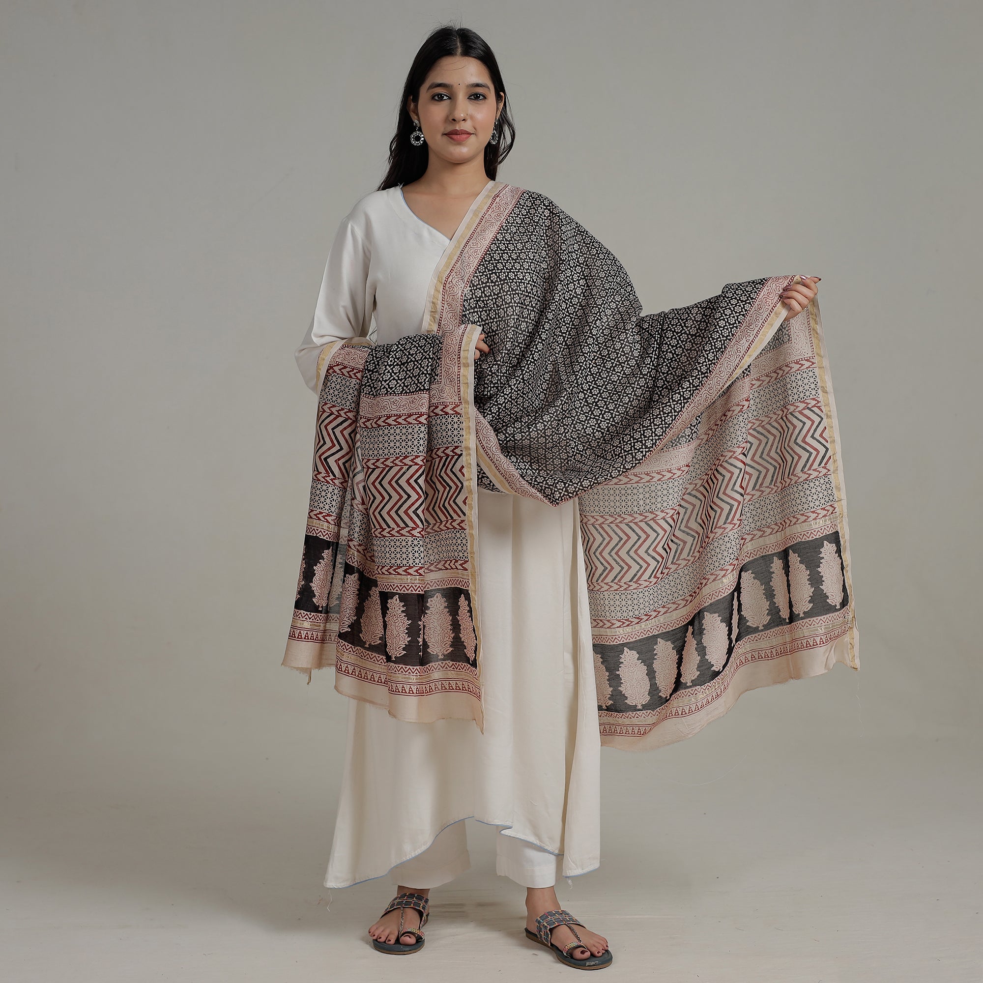 BAGH PRINTS BY MOHAMMED RAFIK KHATRI Black - Natural Dyed Hand Block Print Chanderi Silk Bagh Dupatta 25
