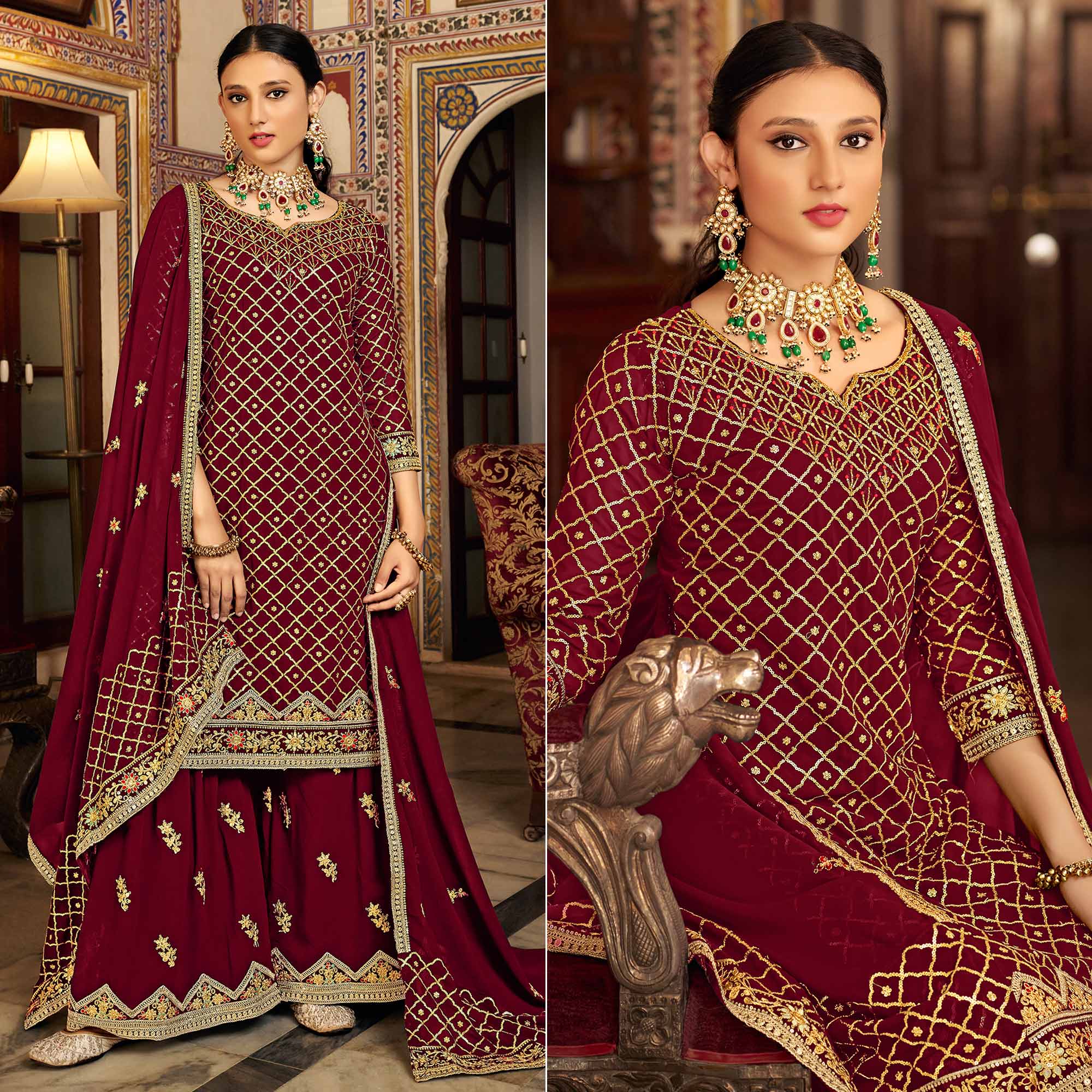 Peachmode Maroon Sequins Embroidered Chinon Semi Stitched Suit