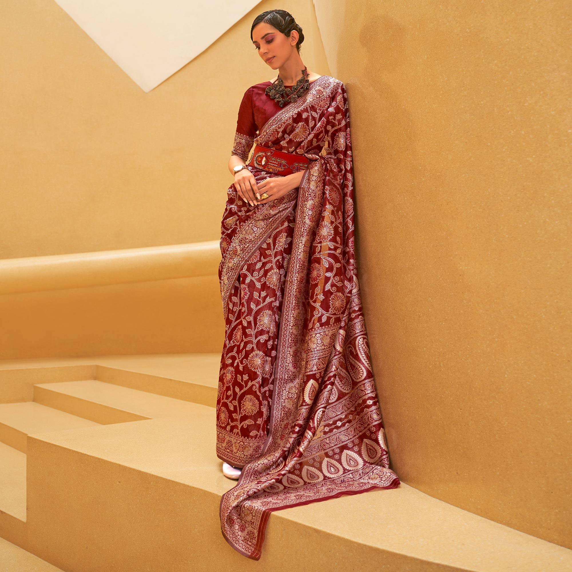 Peachmode Maroon Floral Woven Art Silk Saree – Women's