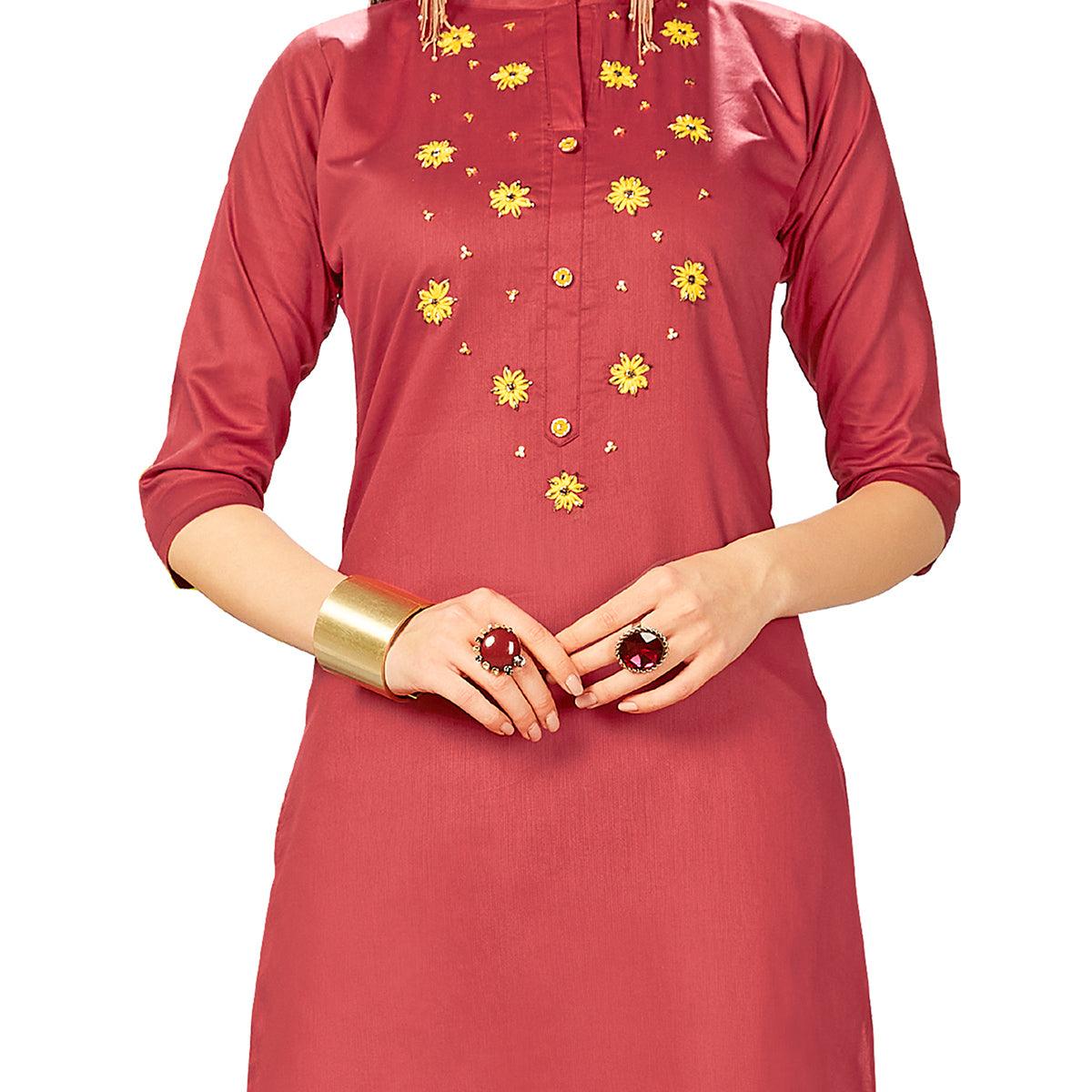 Peachmode Seller Exotic Red Colored Party Wear Embroidered Jam Cotton Silk Kurti - view 2