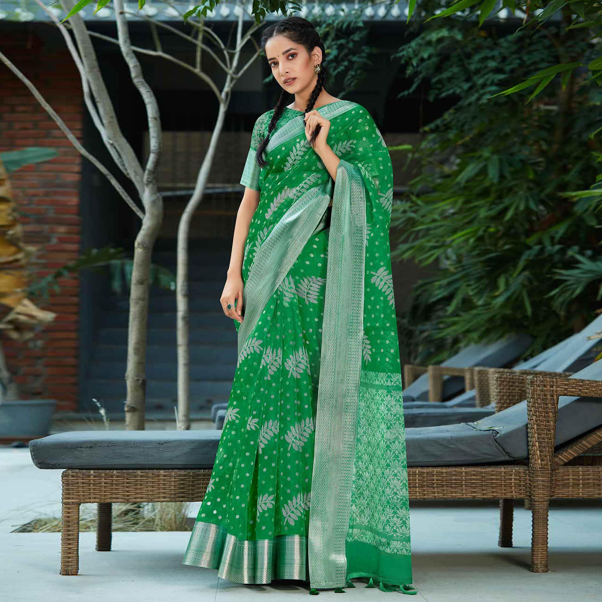 Green sarees – BlackTree green-casual-wear-printed-organza-silk-saree-119083