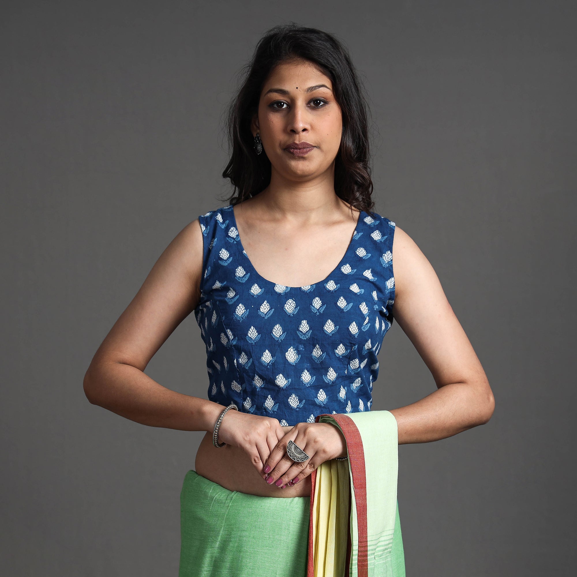 ITOKRI CASUALS Blue - Bagru Dabu Block Printed Cotton Stitched Sleeveless Blouse - view 2