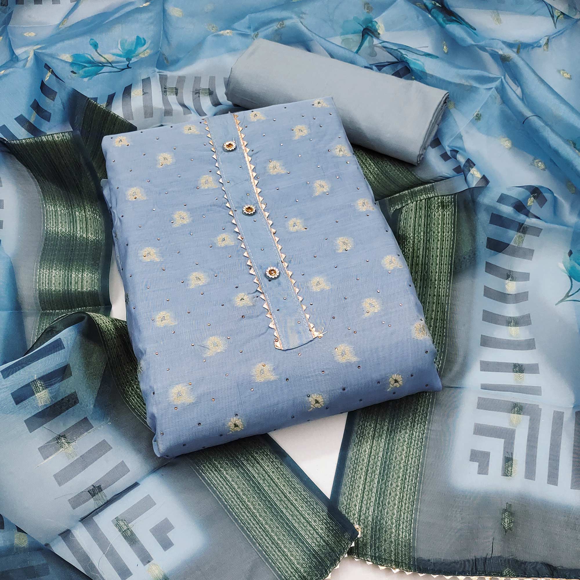 Peachmode Blue Woven With Swarovski Work Banarasi Silk Dress Material