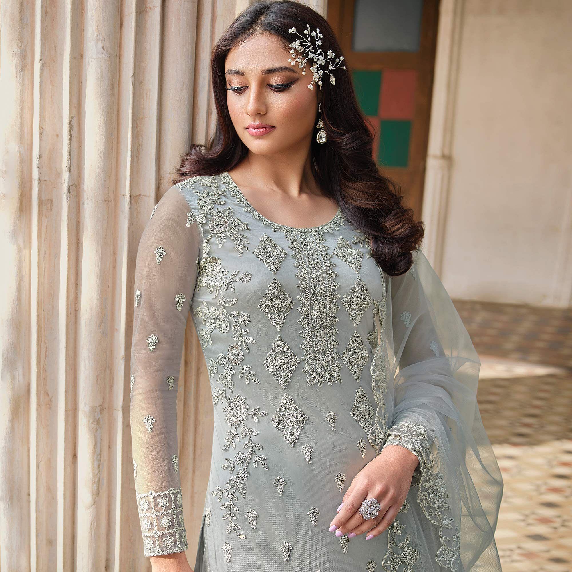 Peachmode Light Blue Embroidery With Embellished Net Partywear Suit - view 3