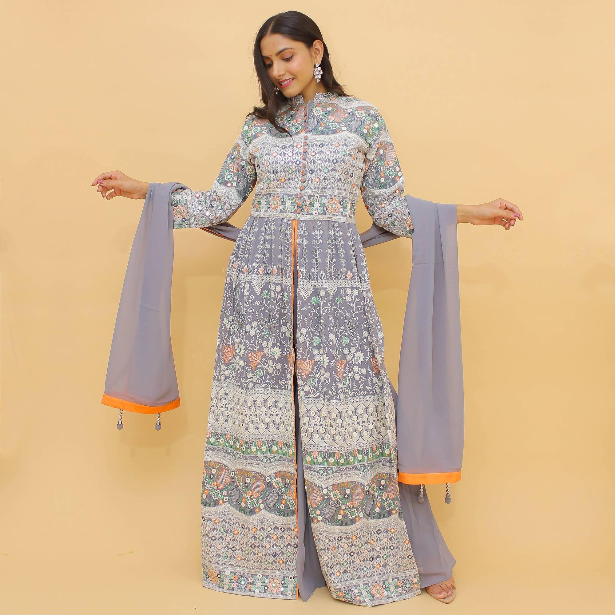 Peachmode Grey Sequins Floral Embroidered Georgette Partywear Suit