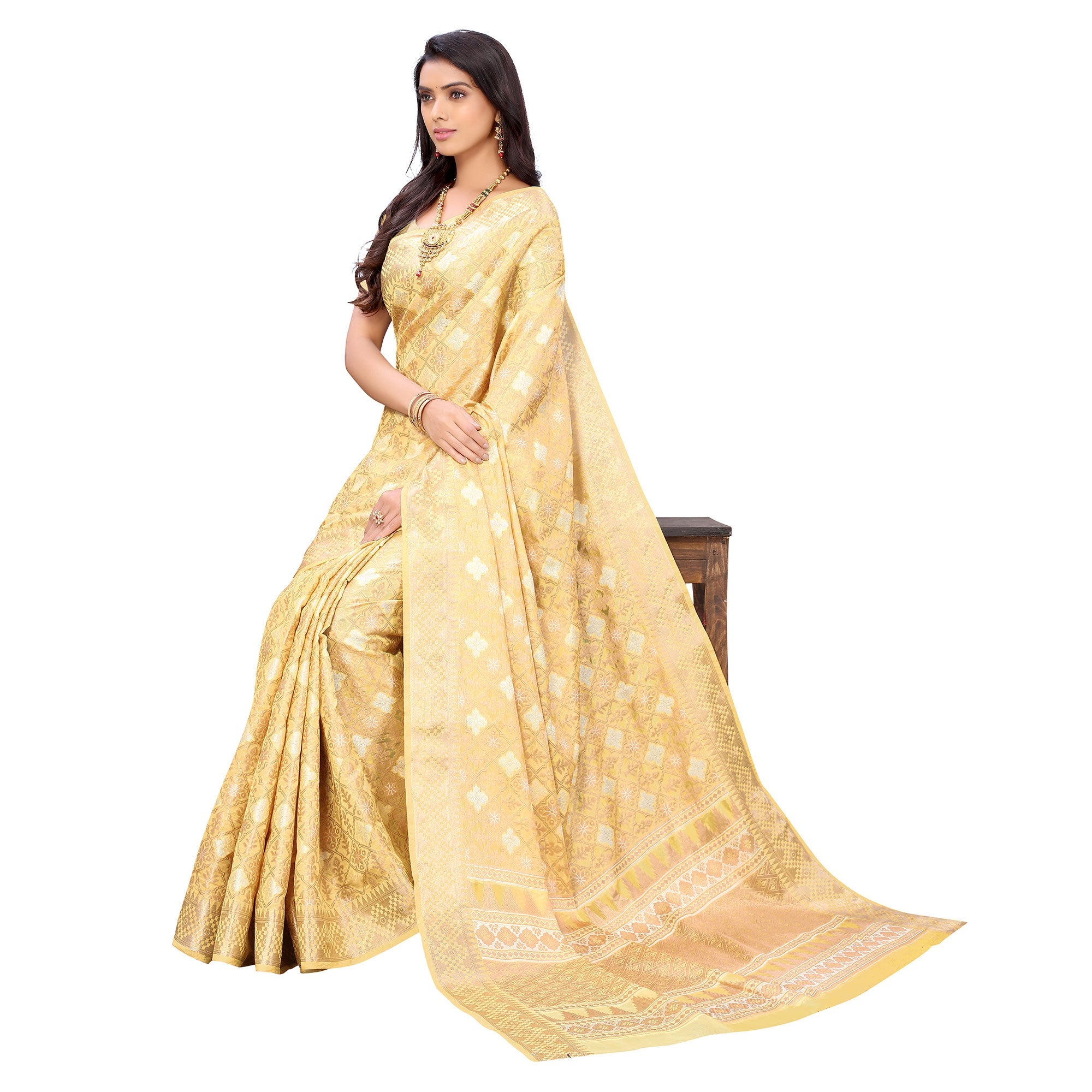 Peachmode Cream Festive Wear Woven Silk Saree - view 4
