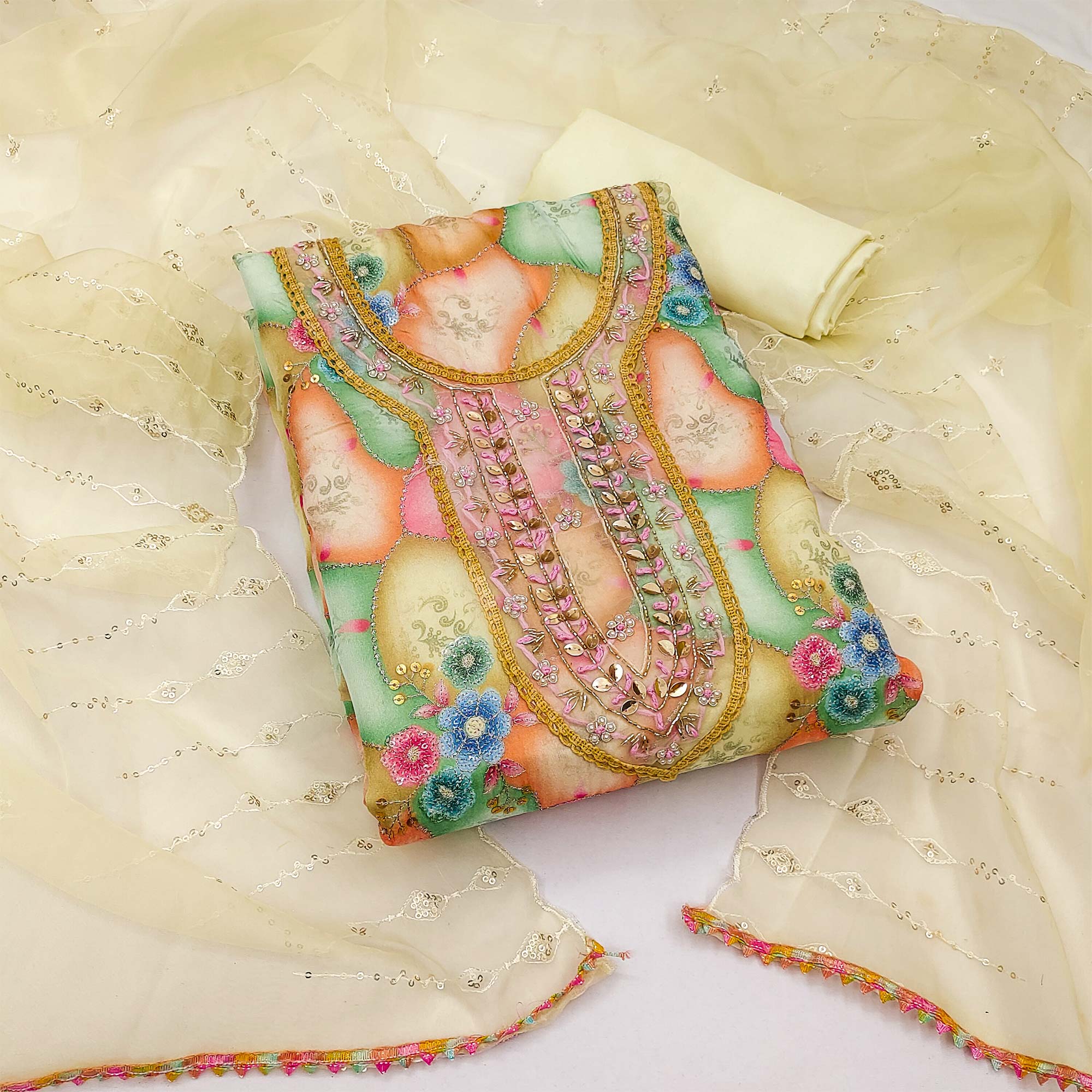 Peachmode Cream Floral Printed Organza Dress Material