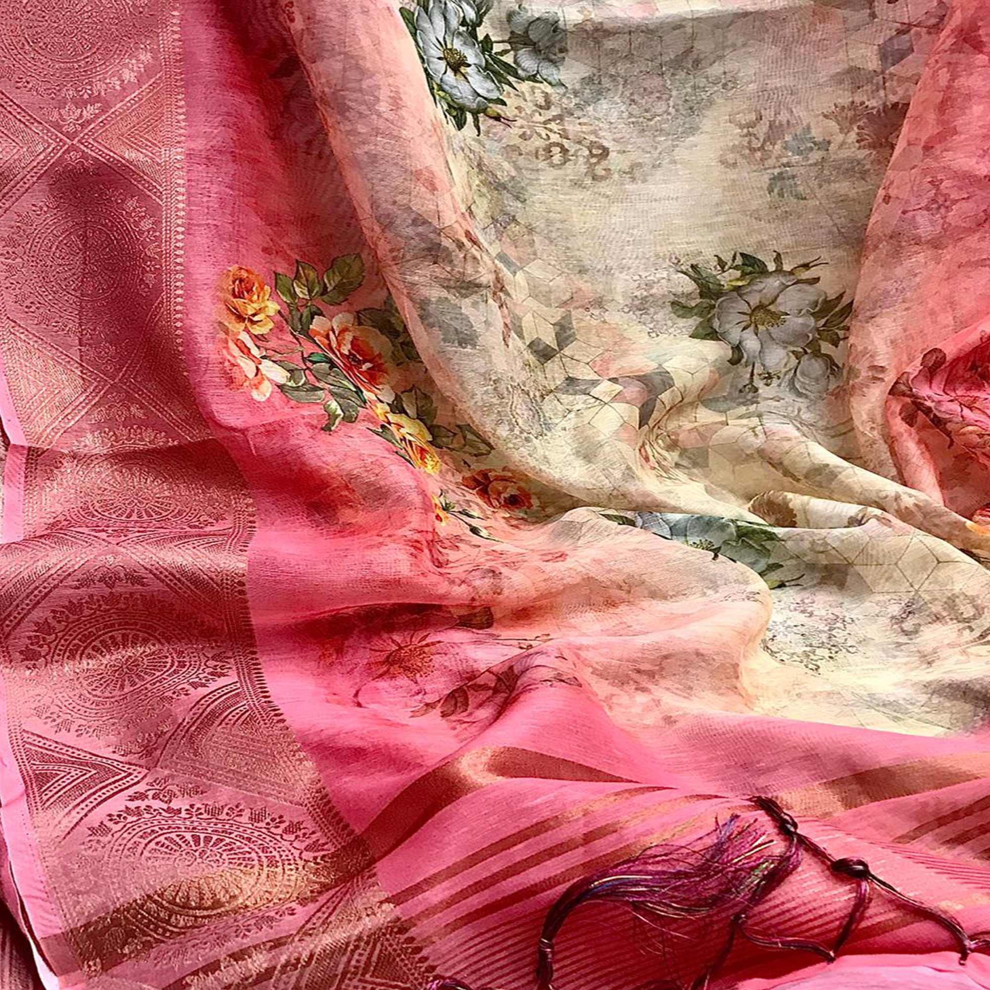 Peachmode Breathtaking Yellow - Pink Colored Festive Wear Woven Banarasi Silk Saree - view 2