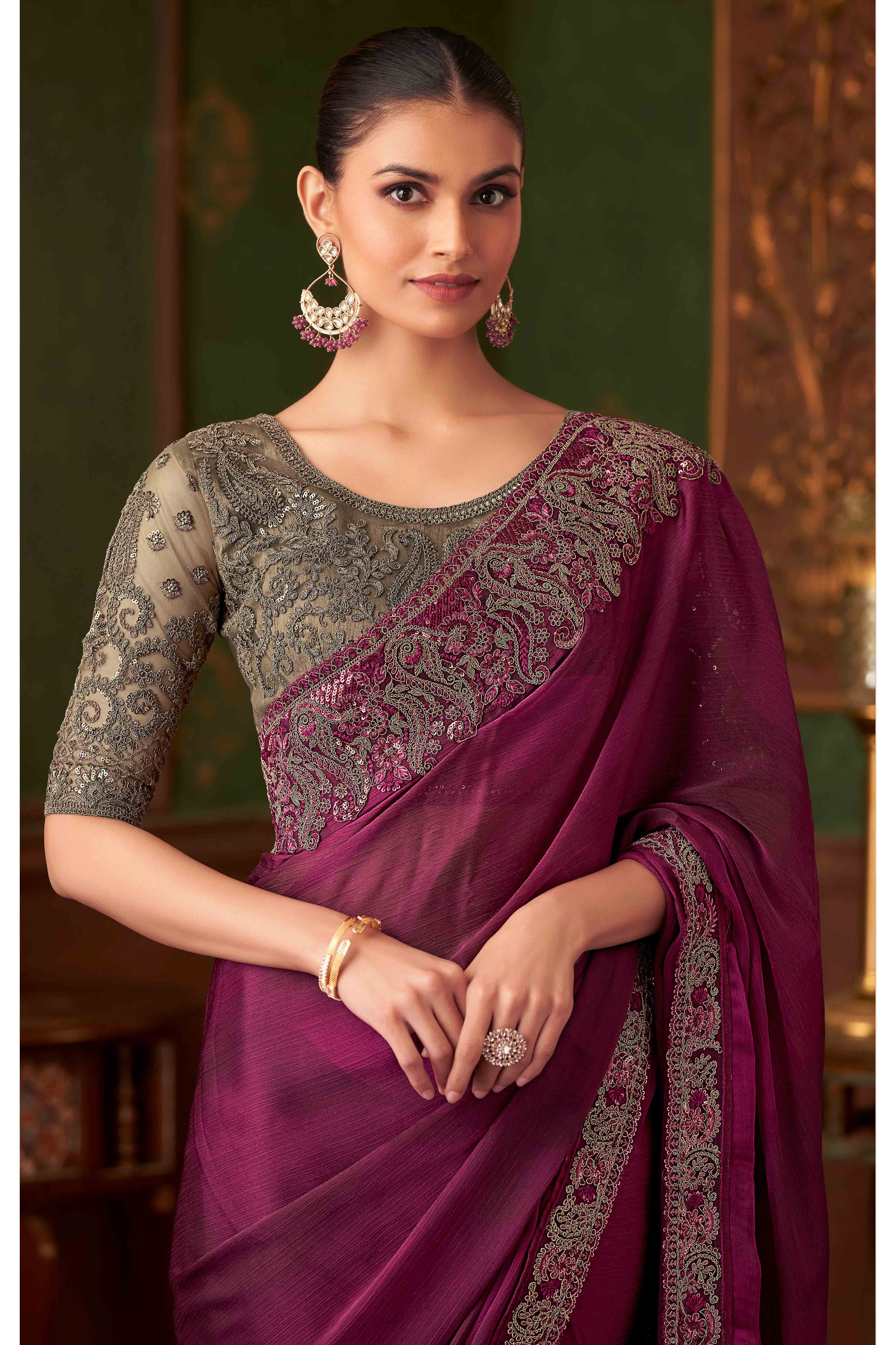 Peachmode Magenta Sequins Embroidered Chiffon Saree - view 3