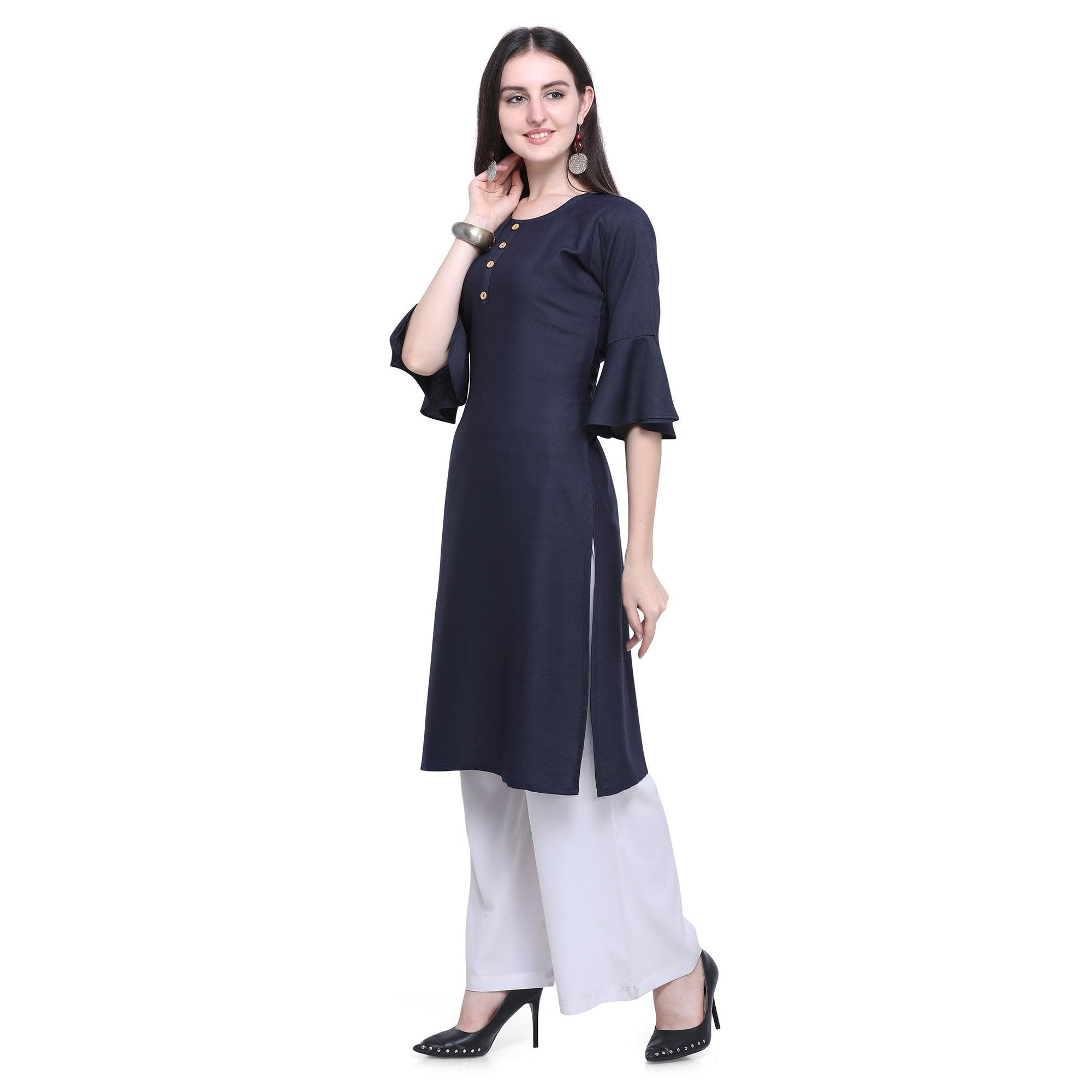 Peachmode Seller Exotic Navy Blue Colored Casual Wear Embroidered Rayon Kurti-Palazzo Set - view 3