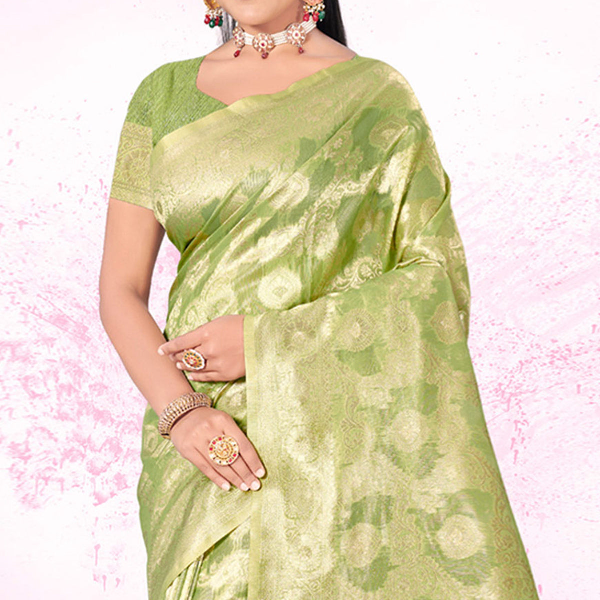 Peachmode Light Green Woven Cotton Blend Saree - view 3