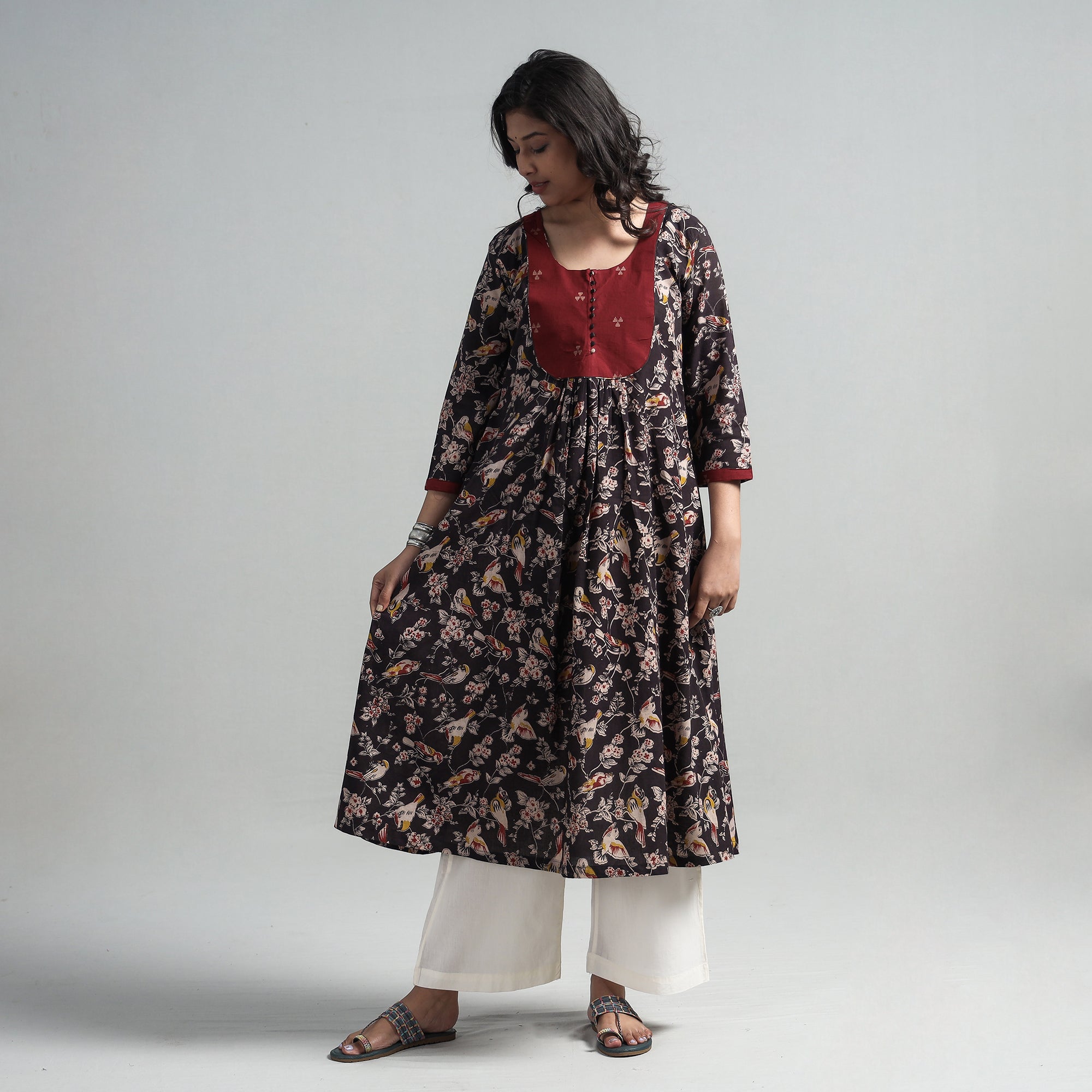 ITOKRI CASUALS Black - Kalamkari Printed Cotton A-Line Long Kurta with Patchwork - view 2