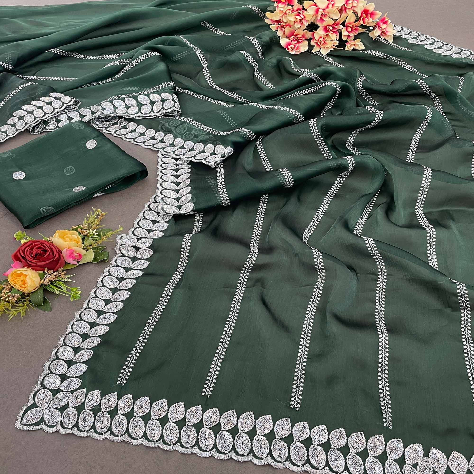 Peachmode Bottle Green Sequins Embroidered Chiffon Silk Saree