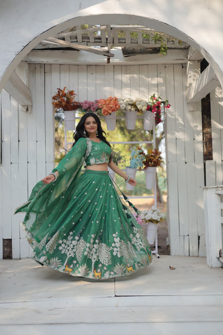 ClothsVilla Green Elegant Gold Coin Lehenga Choli with Sequins & Thread Embroidery - view 3