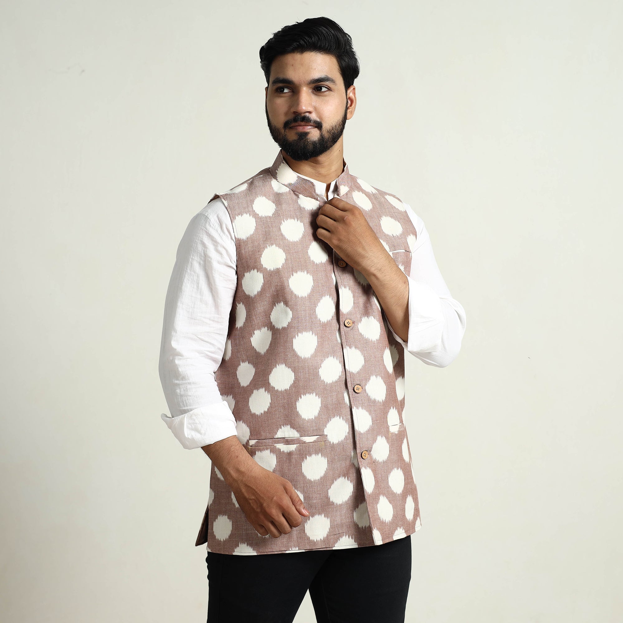 ITOKRI CASUALS Brown - Pochampally Double Ikat Handloom Cotton Men Nehru Jacket 05 - view 3