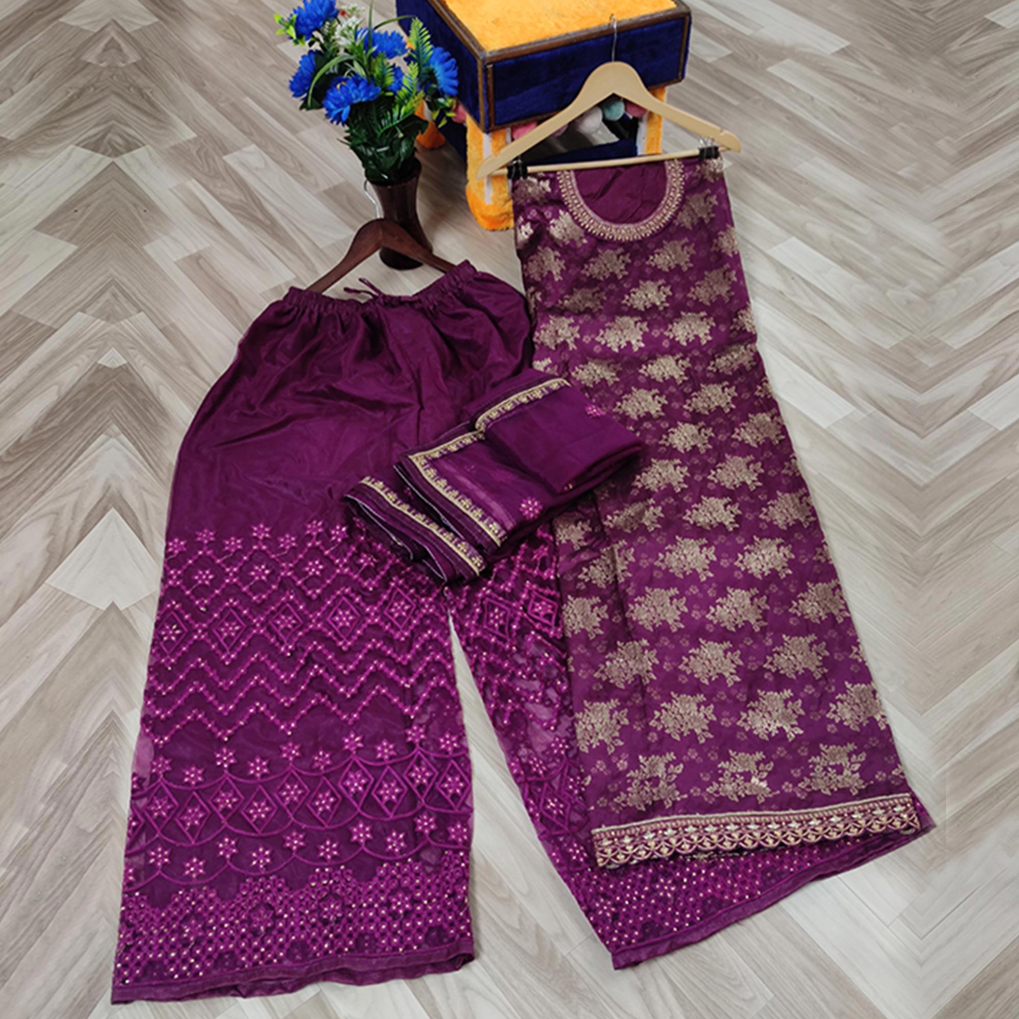 Peachmode Breathtaking Purple Colored designer Partywear Embroidered Dola Jacquard Palazzo Suit - view 4