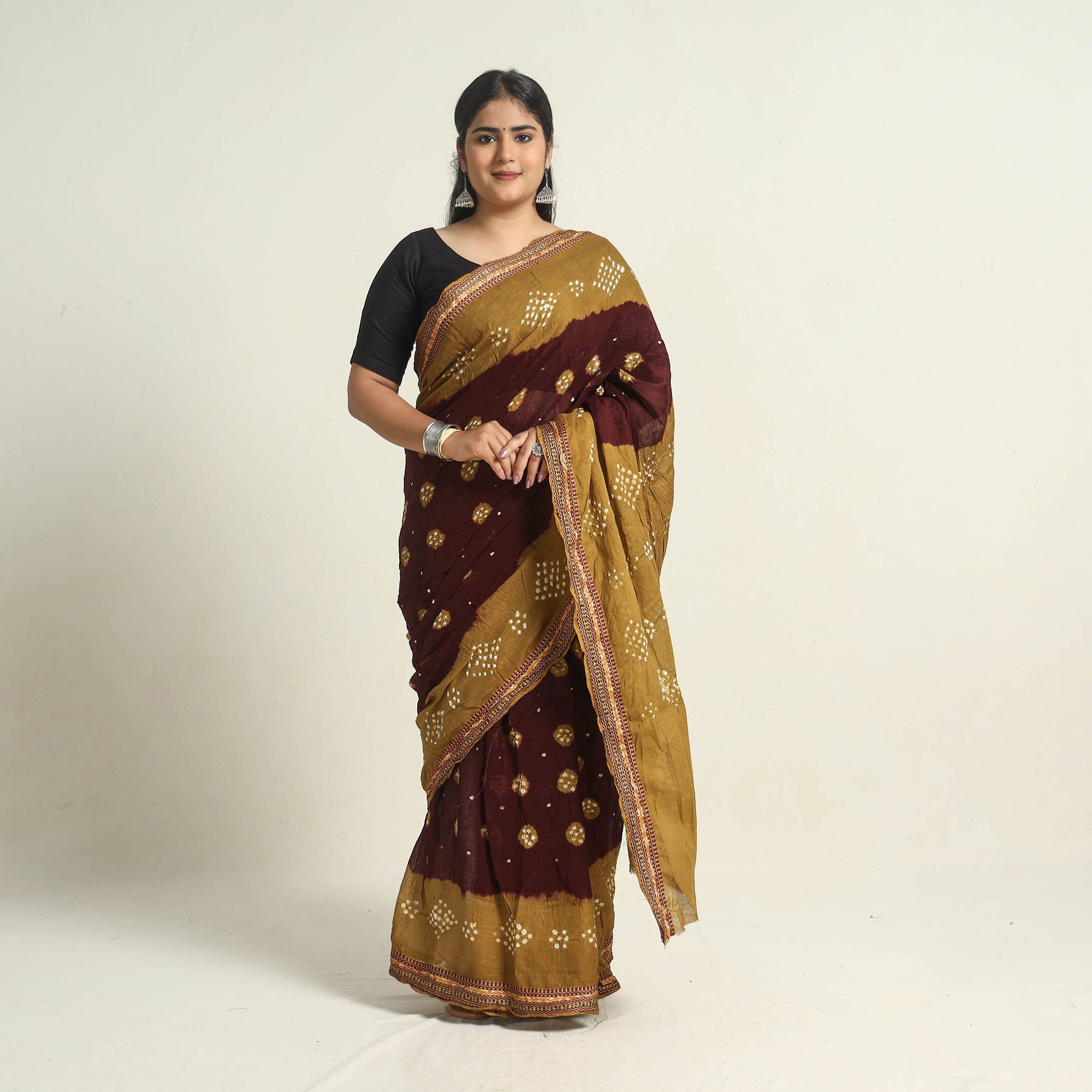 KACHCHH JI CHHAAP Brown - Kutch Tie-Dye Cotton Bandhani Saree with Blouse Piece 08
