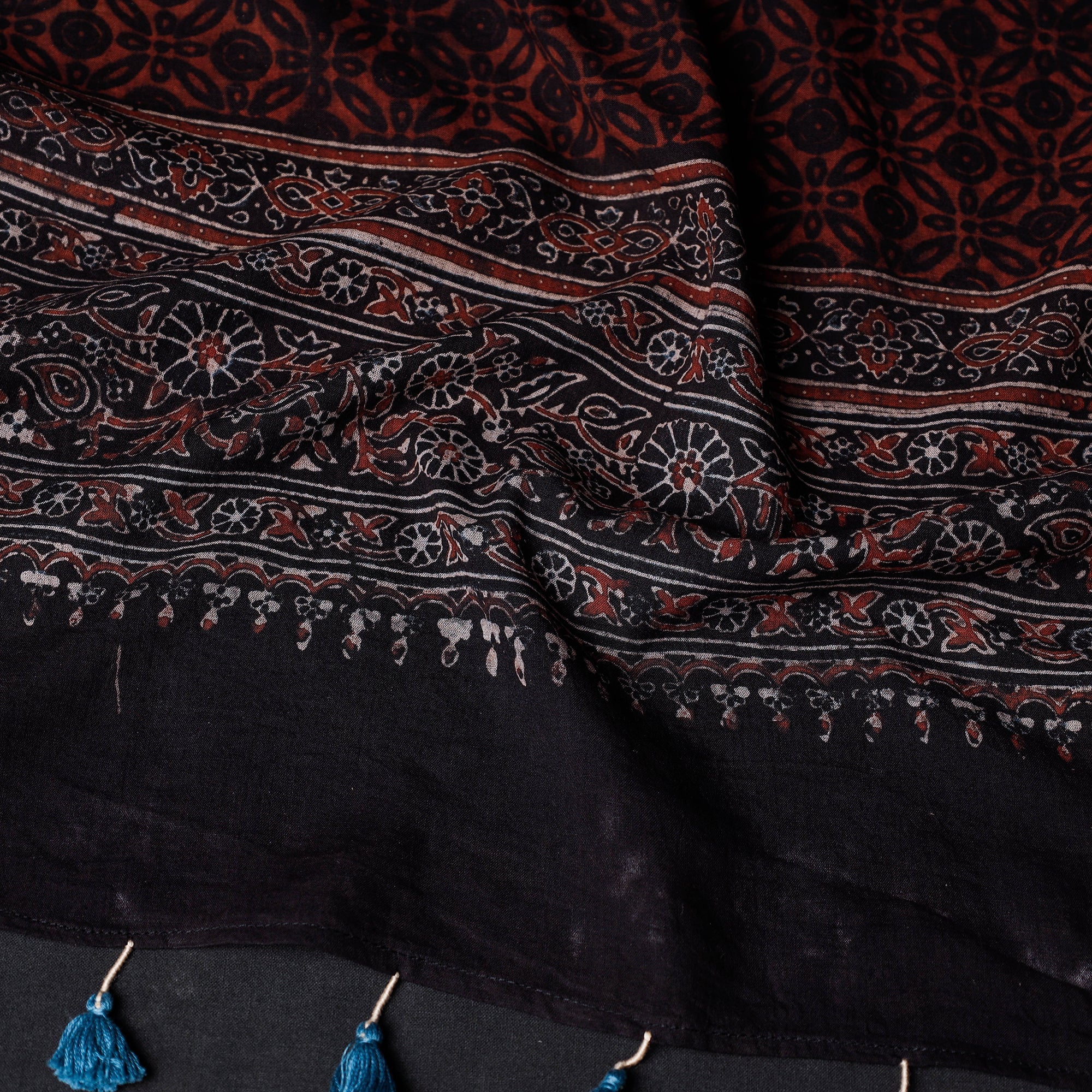 AJRAKH BY JABBAR KHATRI Black - Ajrakh Block Printed Mul Cotton Stole with Tassels - view 2