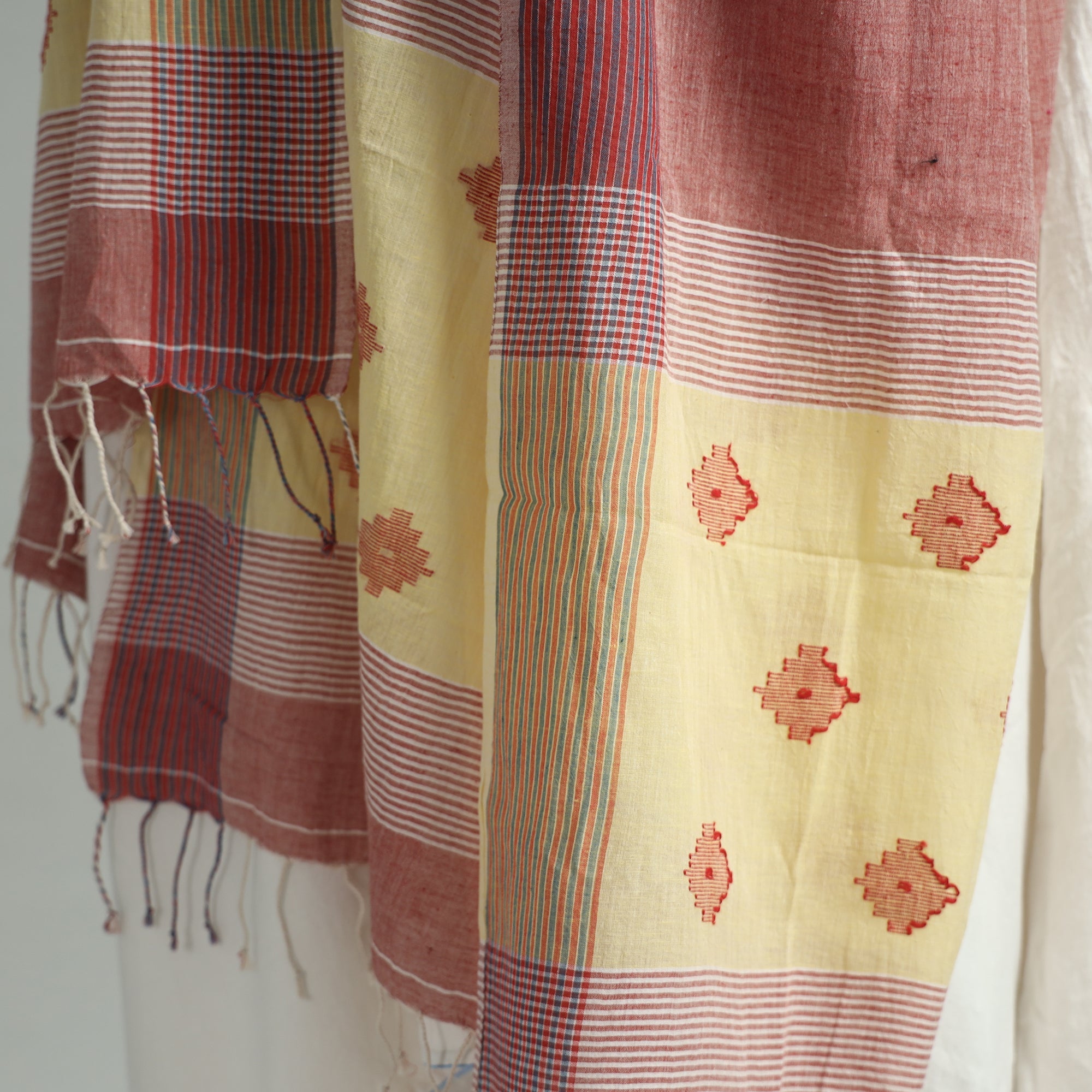 ARTISAN DIRECT BY CREATIVE DIGNITY Brown - Bengal Jamdani Buti Handloom Cotton Dupatta with Tassels 35 - view 4