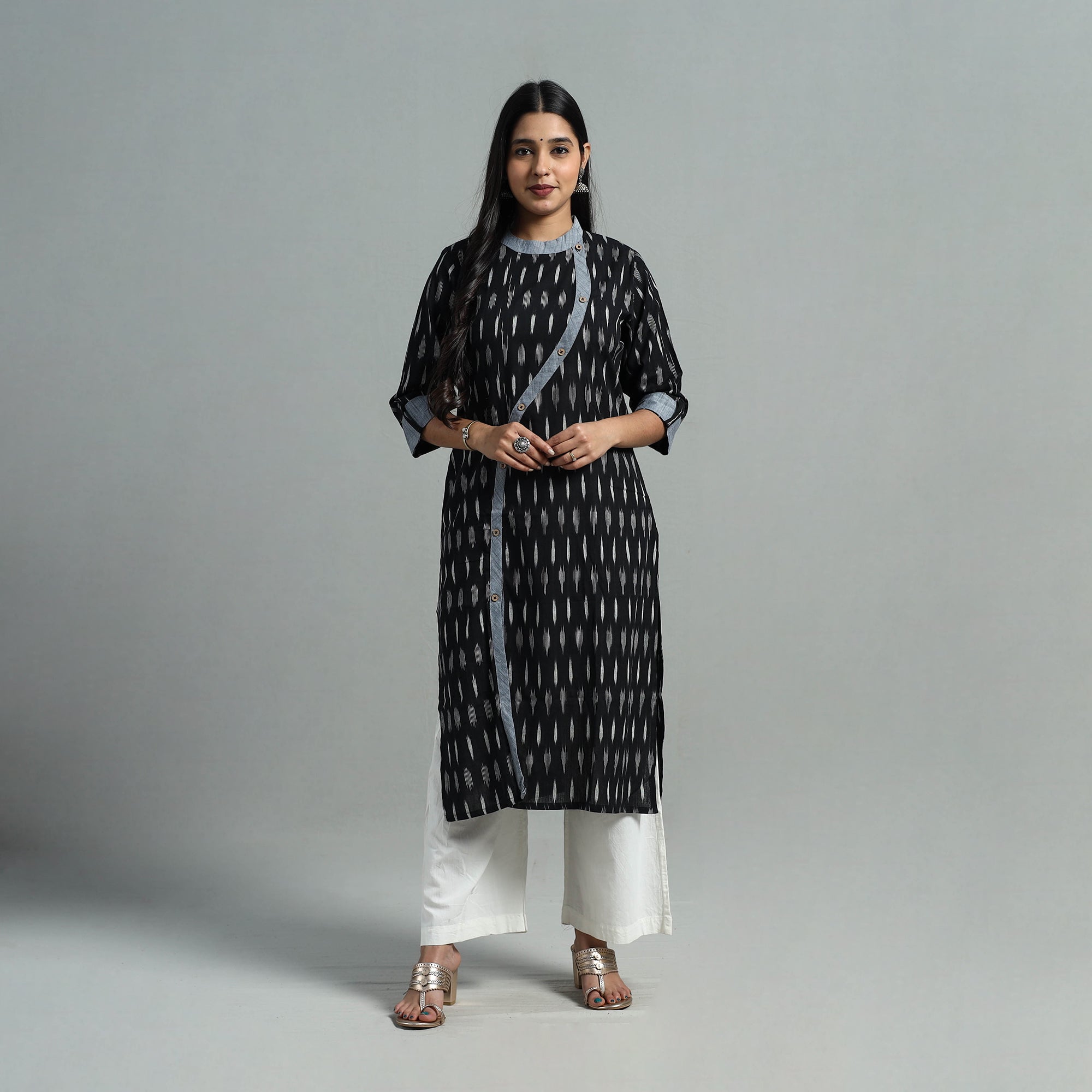 DARAM Black - Angrakha Cotton Straight Pochampally Ikat Kurta 09 - view 2