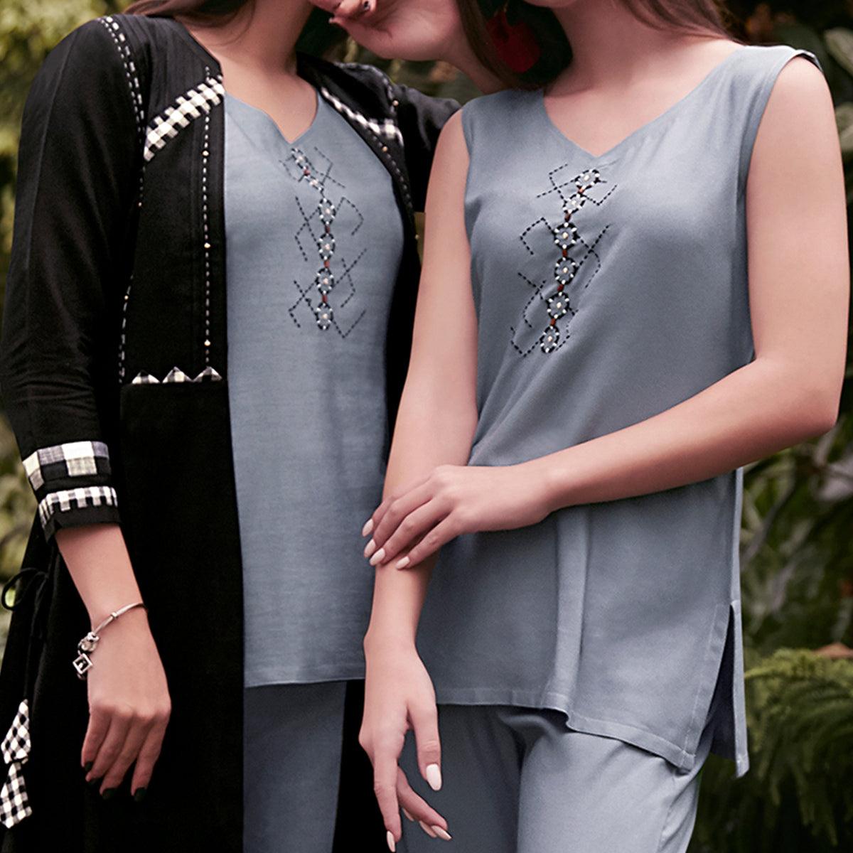 Peachmode Grey-Black Partywear Embroidered Rayon Top-Bottom Set With Shrug - view 2