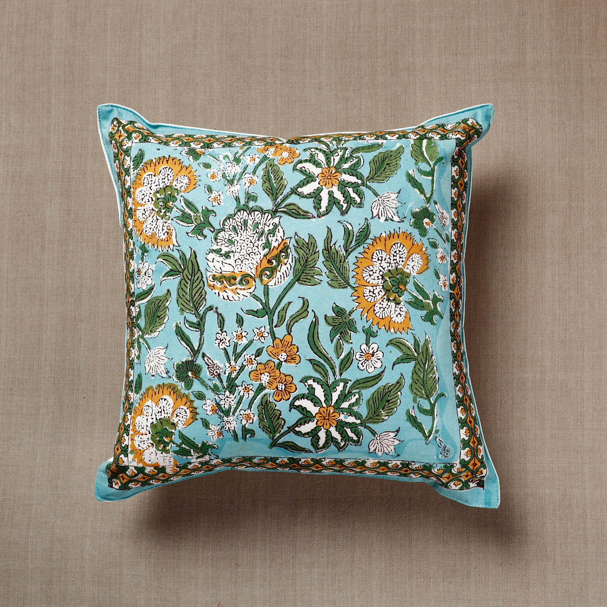 HAVELI CHRONICLES Blue - Green - Gulbahar Sanganeri Block Printed Cotton Cushion Cover (16 x 16 in) 02