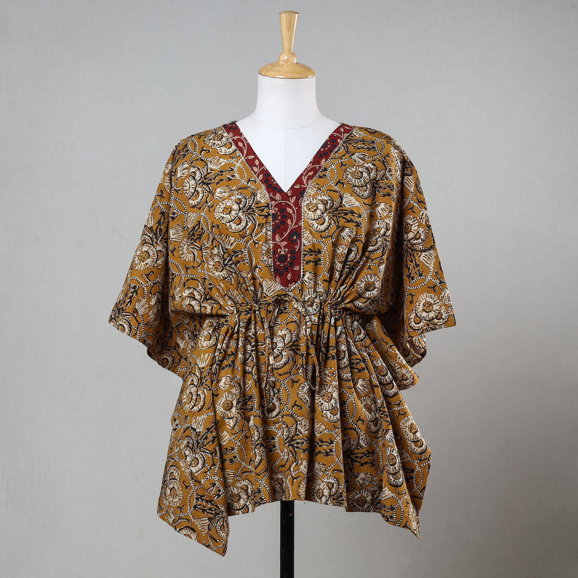 ITOKRI CASUALS Brown - Bagru Block Printed Cotton Kaftan with Tie-Up Waist (Short)