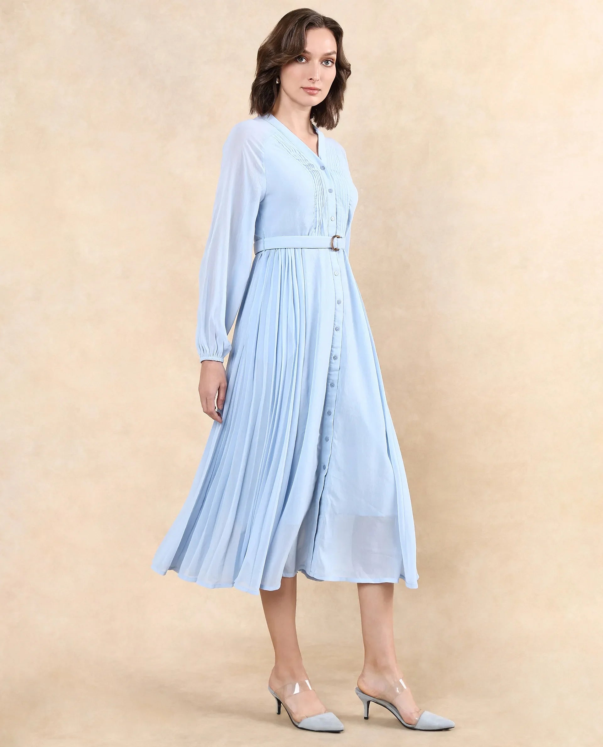 Rareism Women Jibouti Light Blue Polyester Fabric Raglan Sleeves V-Neck Button Closure A-Line Maxi Plain Dress - view 5