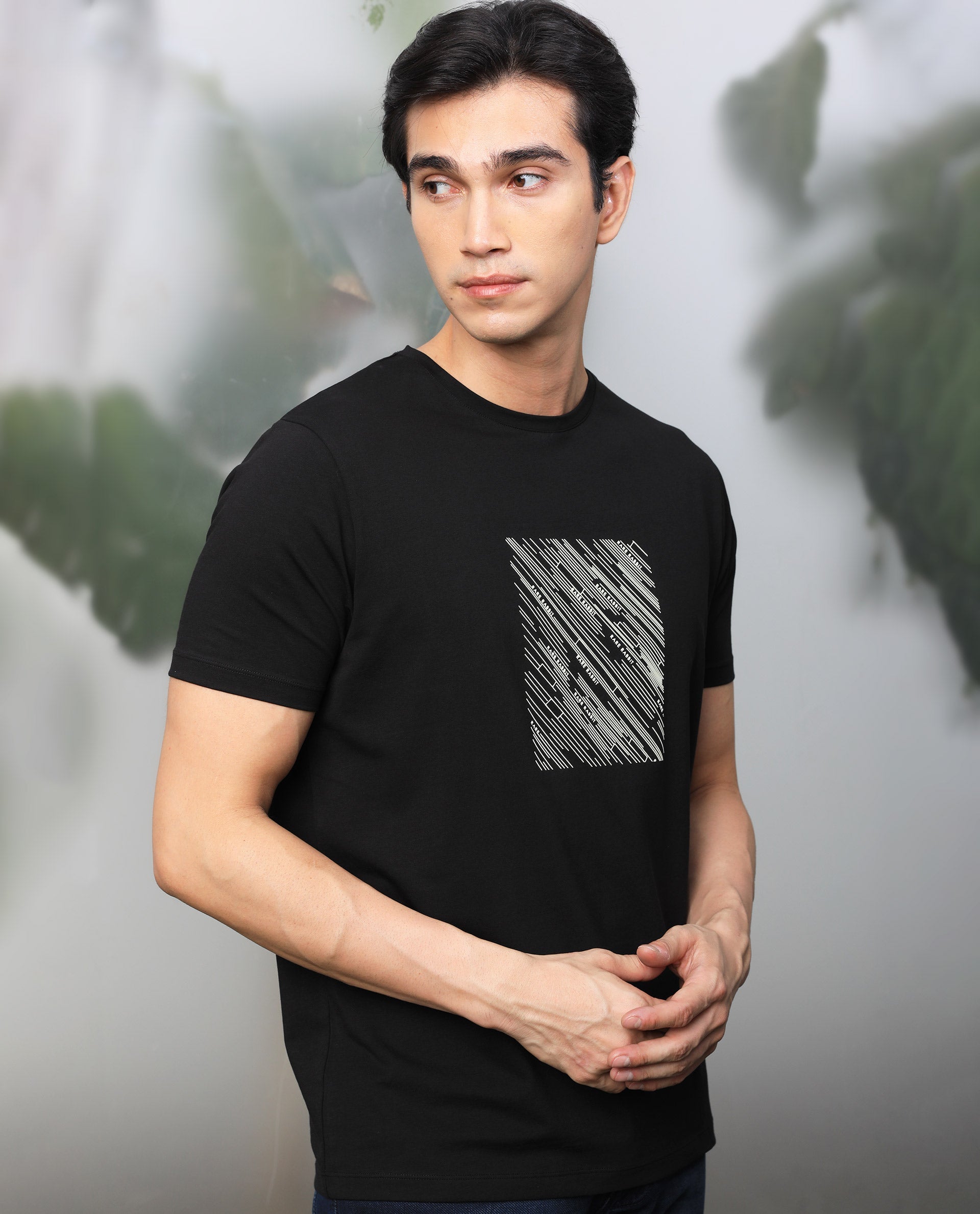 Rare Rabbit Men's Otter Black Cotton Lycra Fabric Half Sleeves Graphic Print T-Shirt - view 7